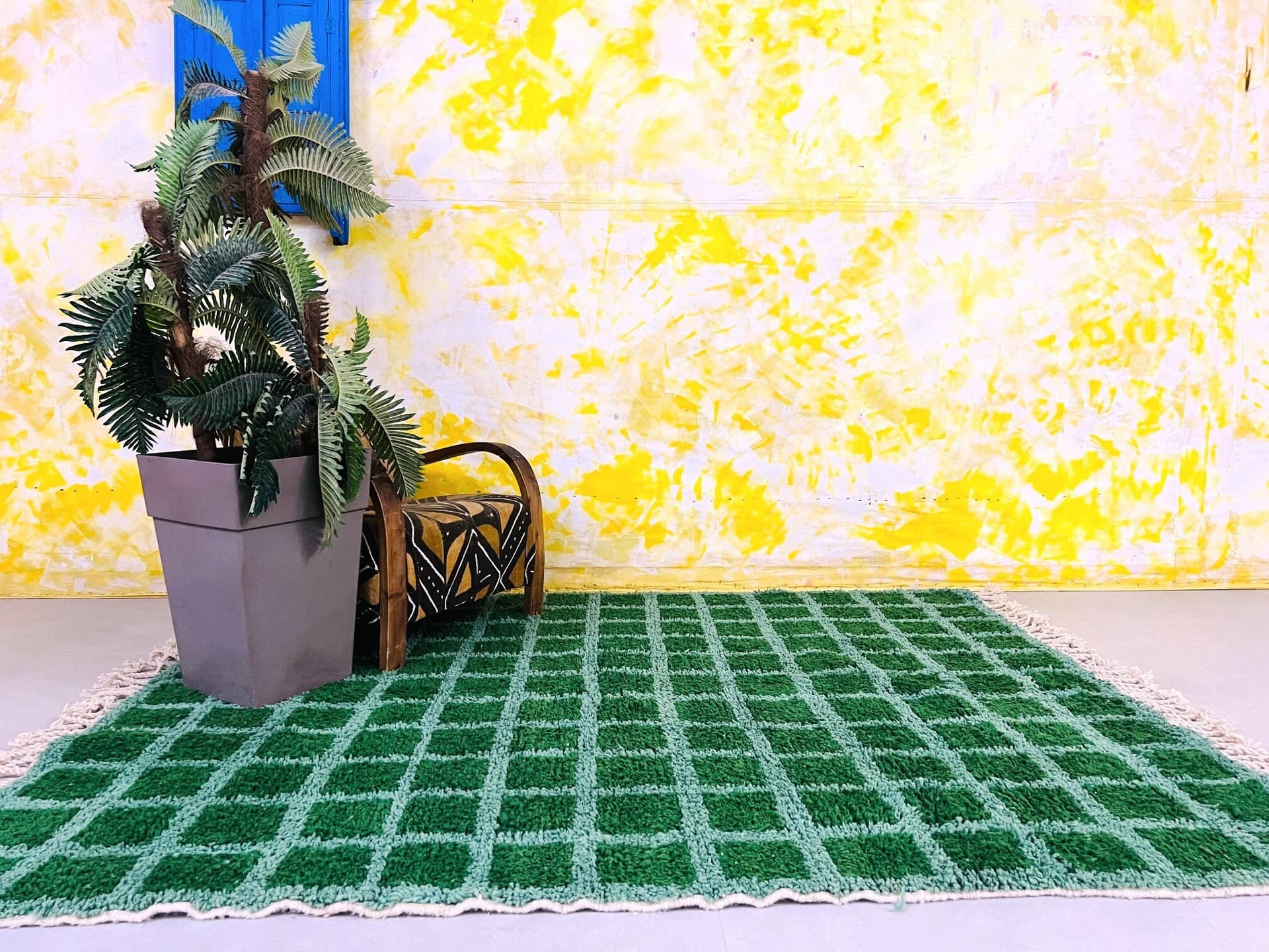 Green Fringed Grid Beni Ourain Rug