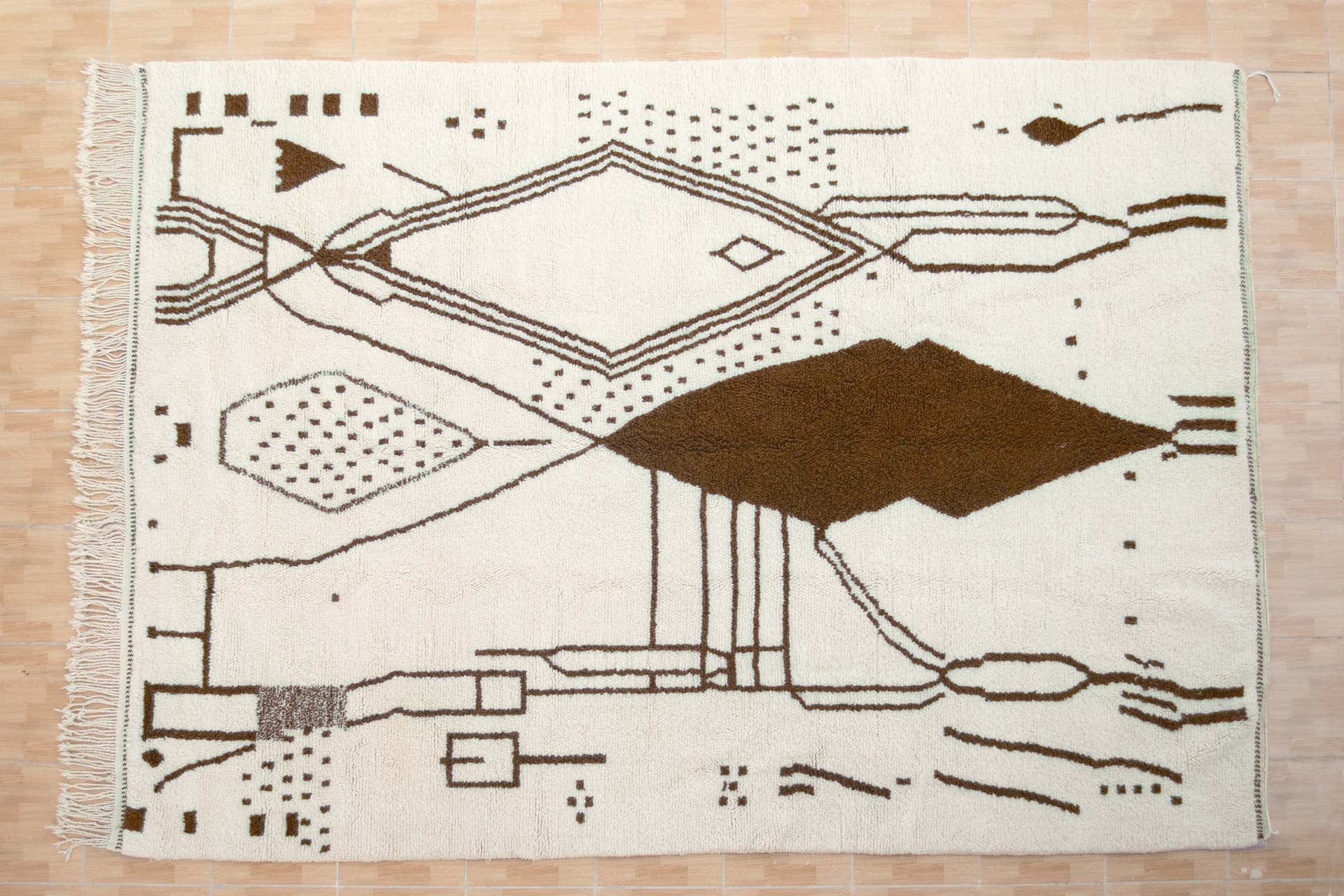 Ivory Brown Abstract Beni Ourain Rug