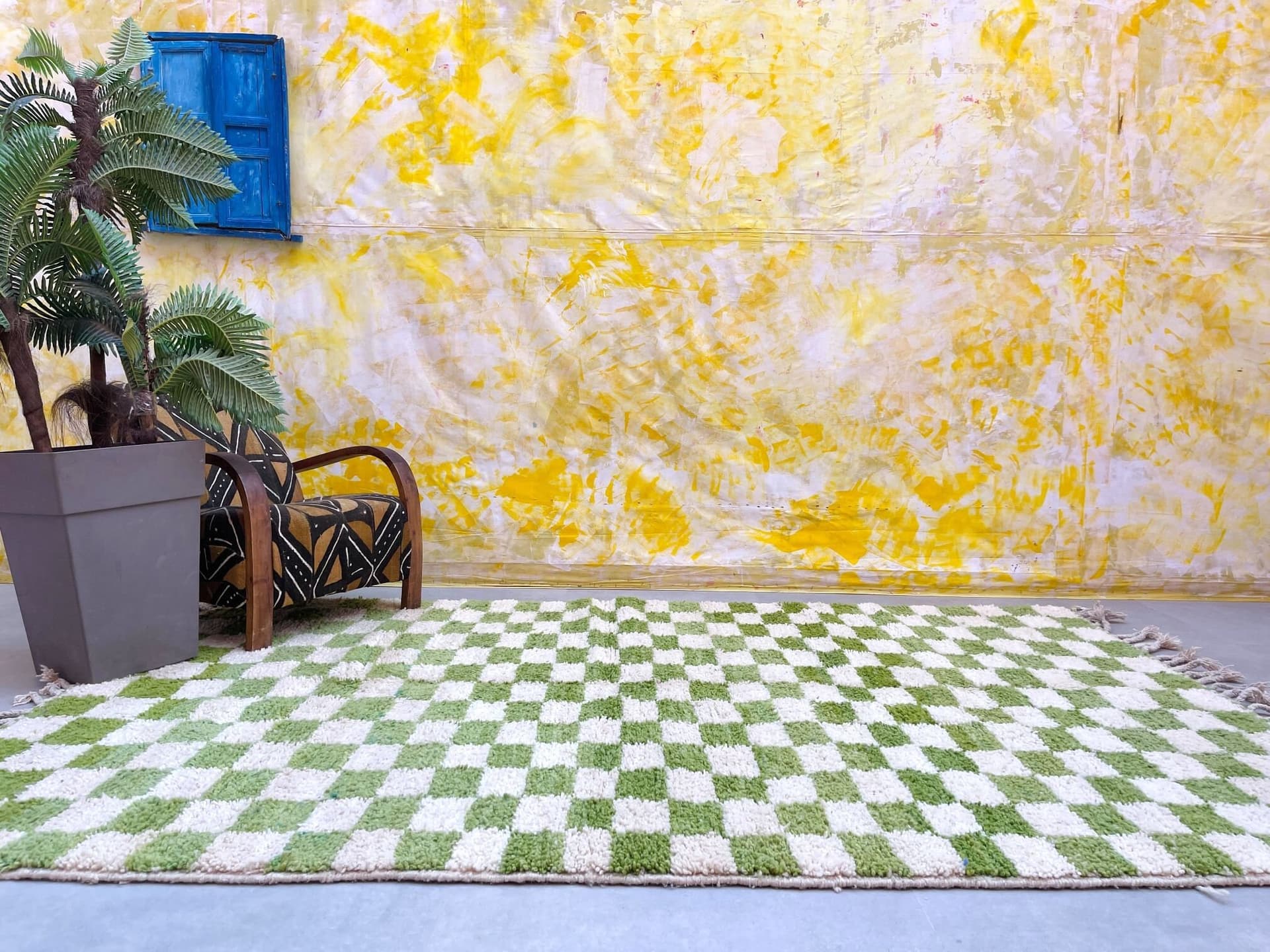 Green checkered rug handmade Moroccan shag rug