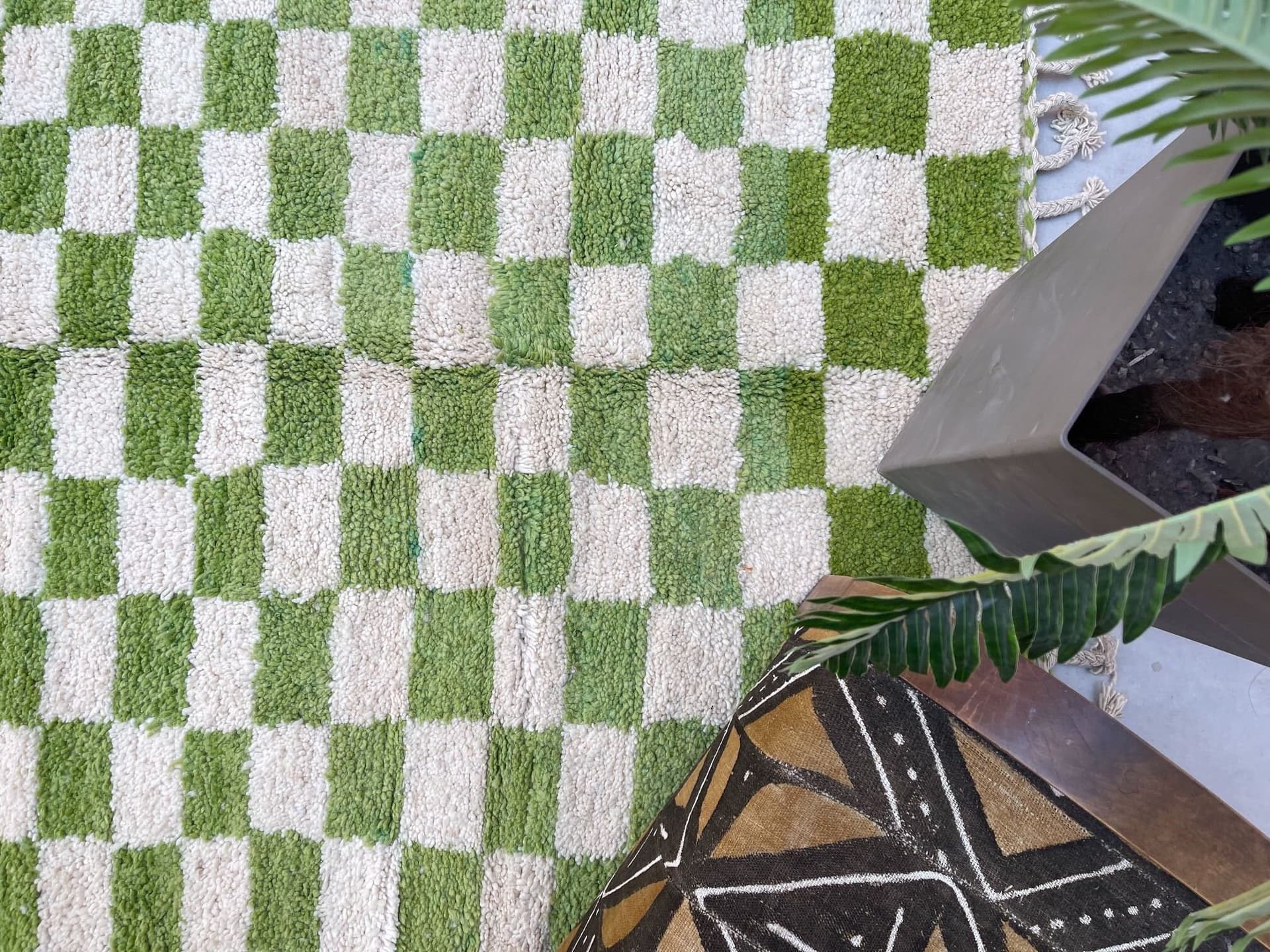 Green checkered rug handmade Moroccan shag rug