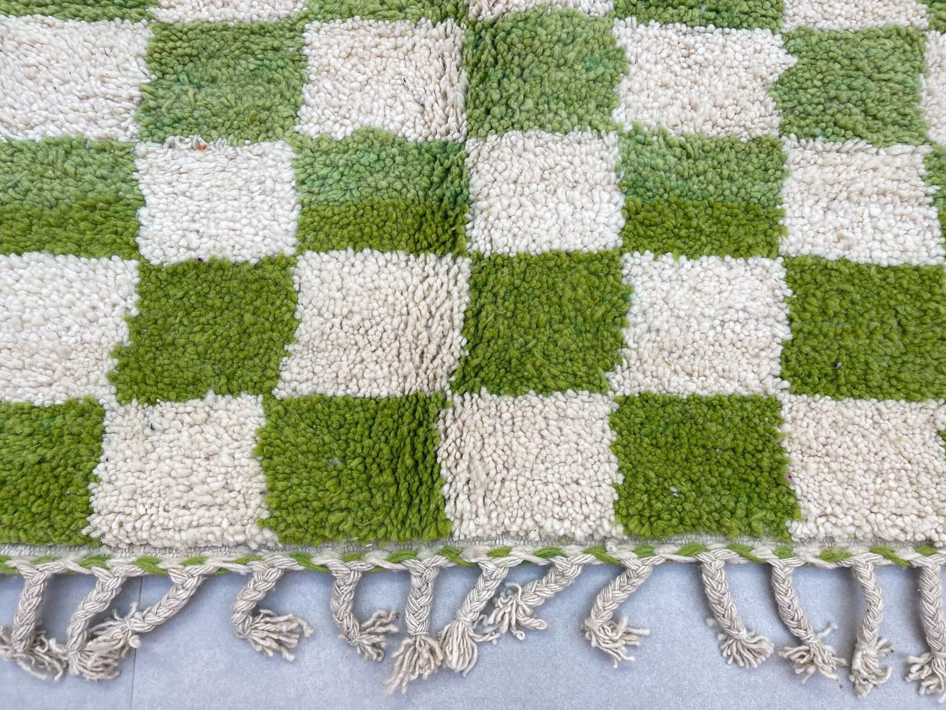 Green checkered rug handmade Moroccan shag rug