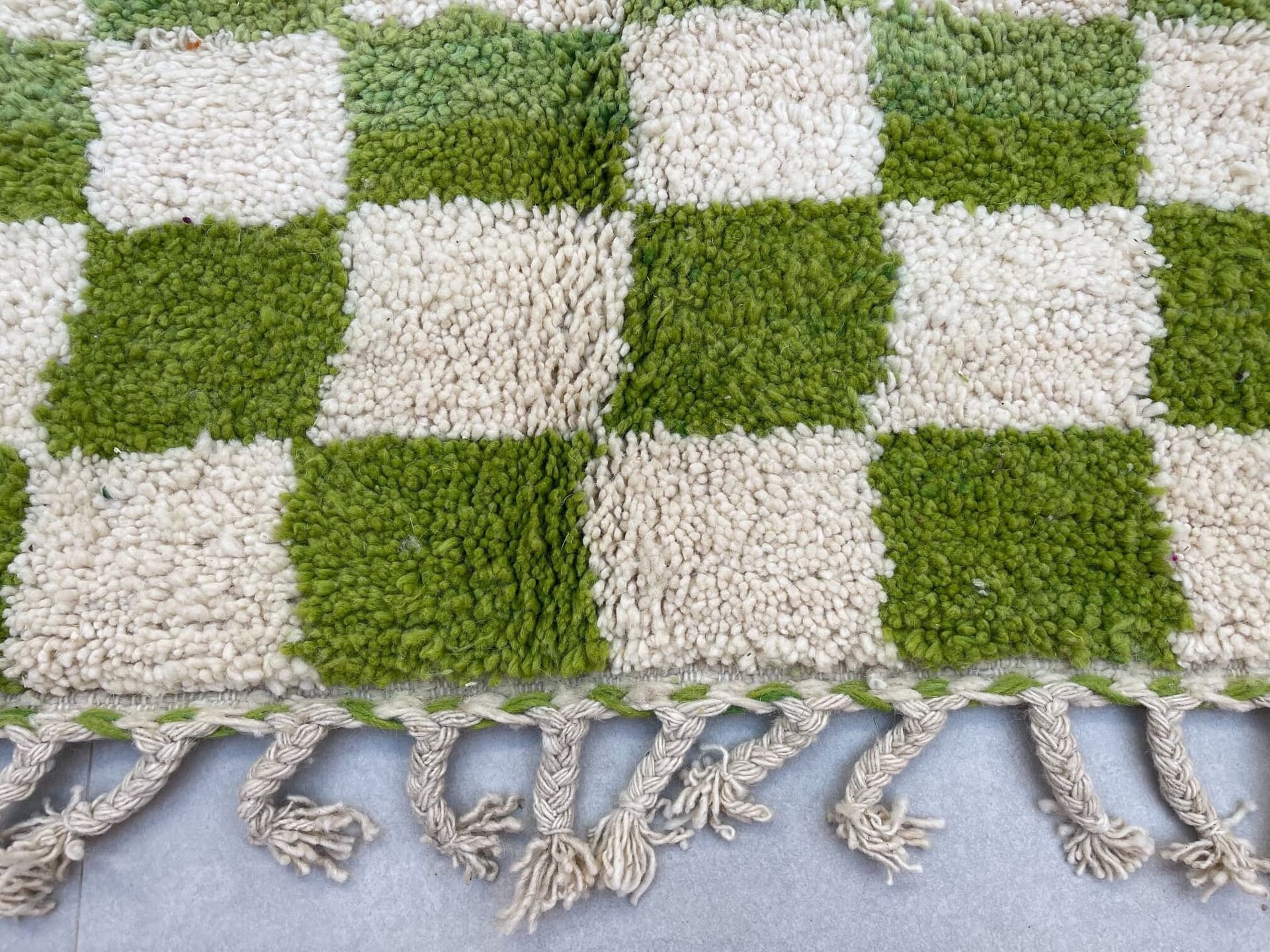 Green checkered rug handmade Moroccan shag rug