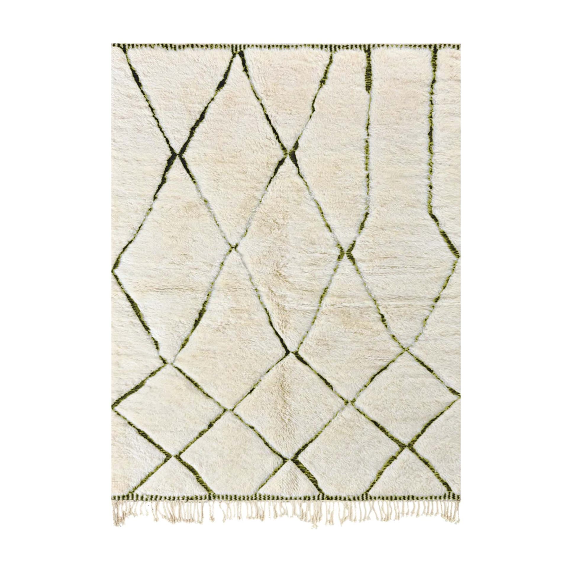 Moroccan Rug Beni Ourain 7x10 Wool Cream Ivory Olive Green Minimalist Living Room