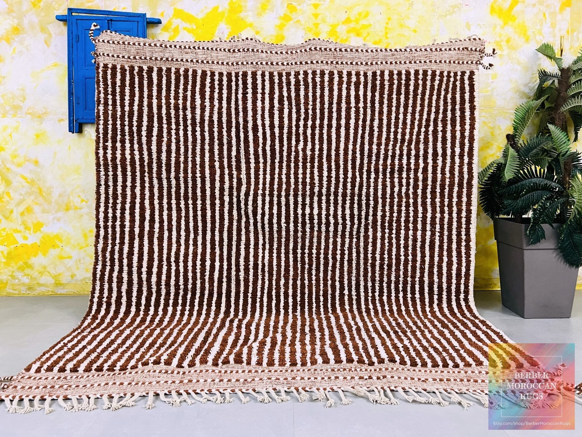Brown Ivory Ribbed Beni Ourain Rug