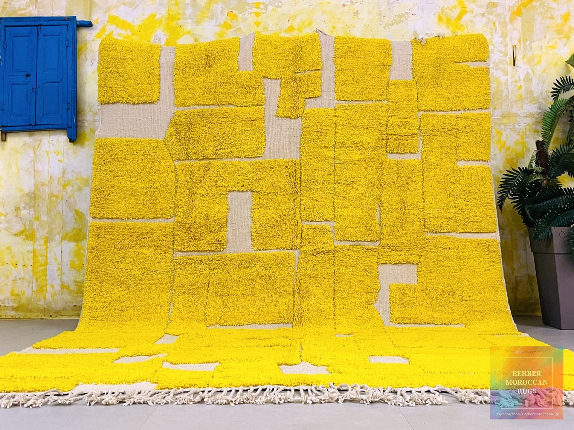Yellow Blockwork Beni Ourain Rug