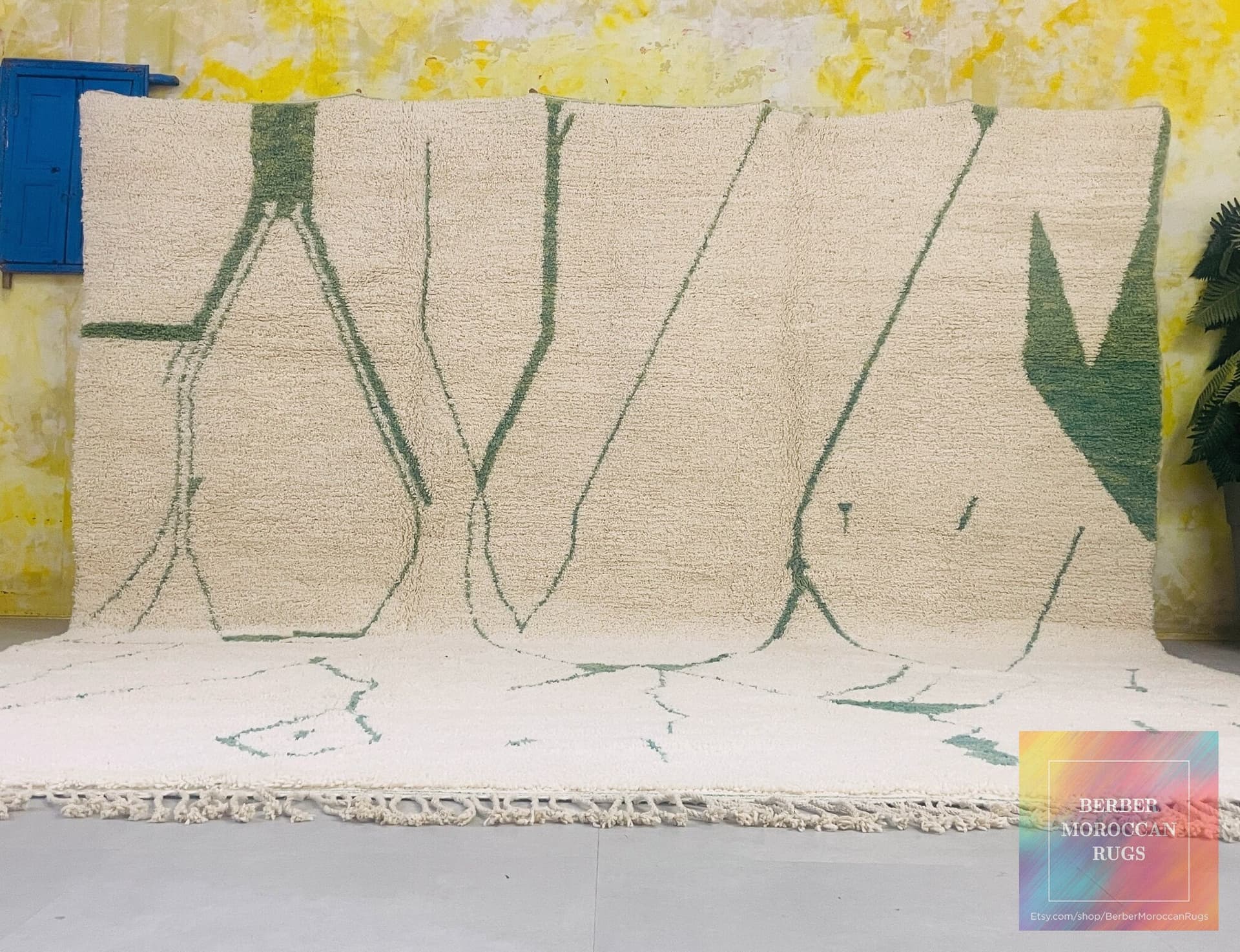 Ivory Green Line Beni Ourain Rug