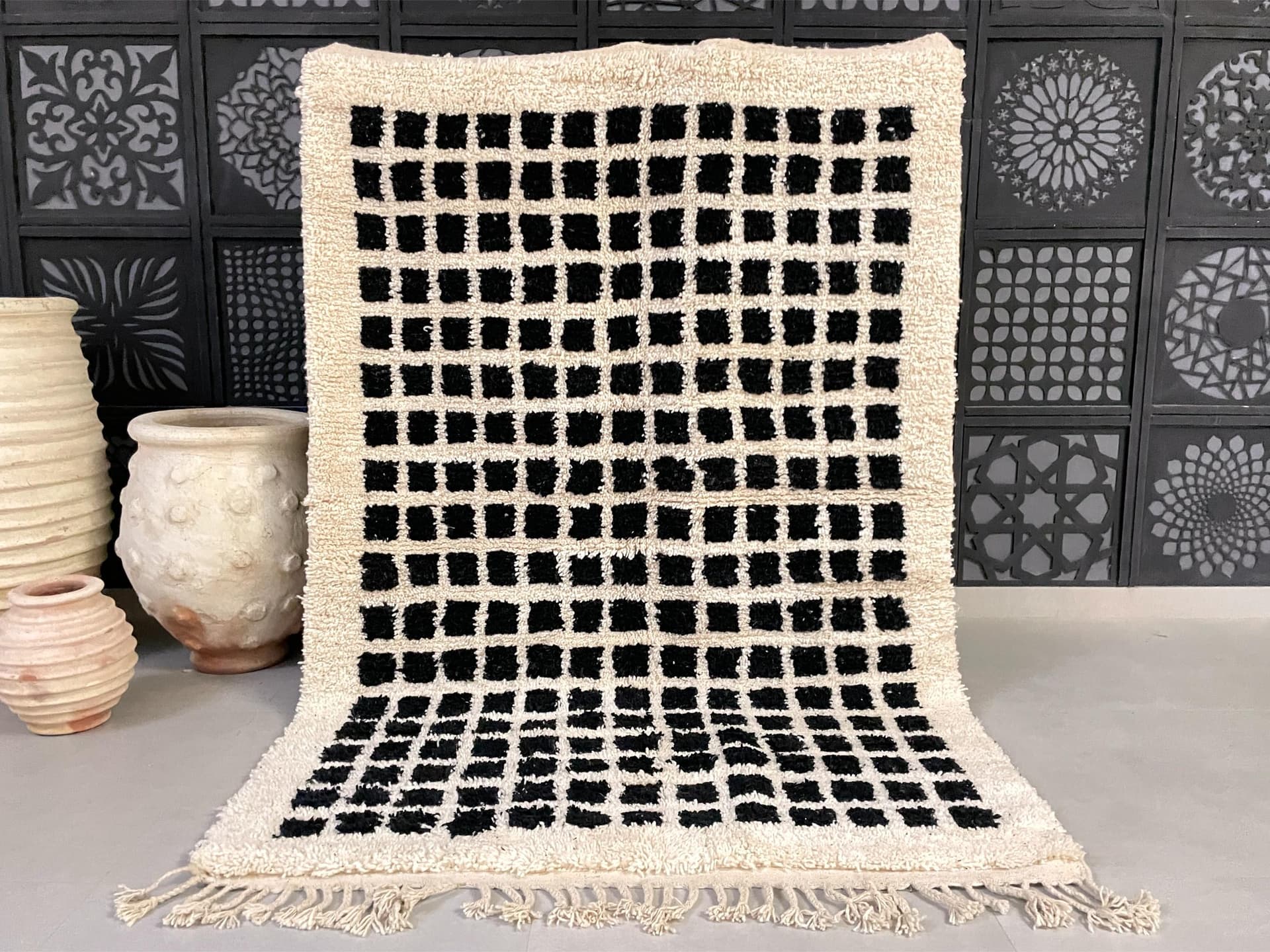 Ivory Staggered Grid Beni Ourain Rug