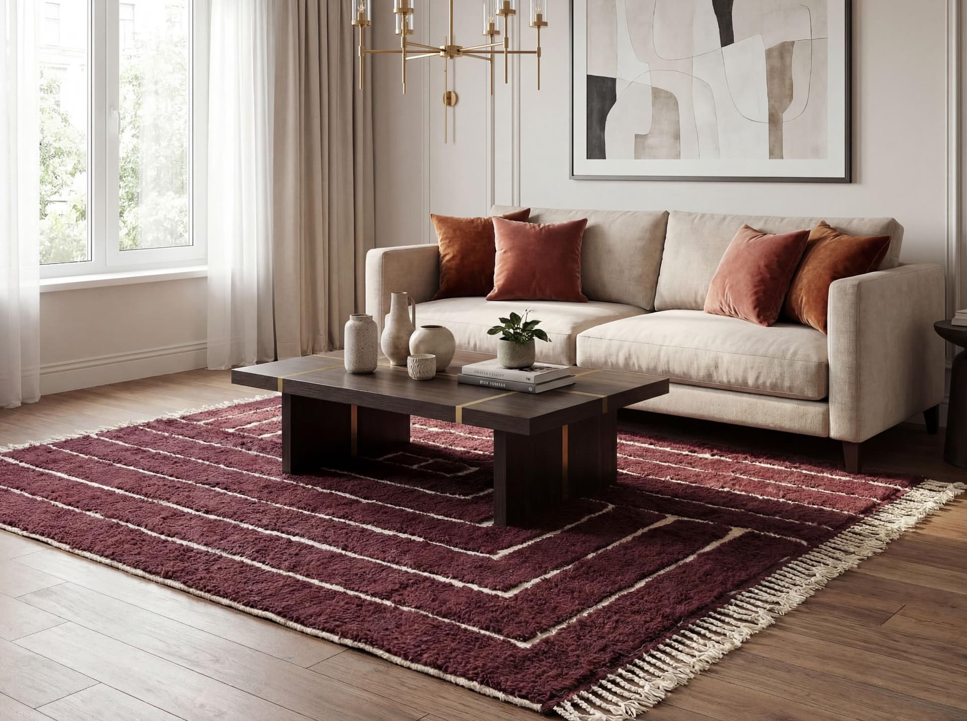 Beni Ourain Wool Rug soft high pile Burgundy with Ivory flat woven pattern