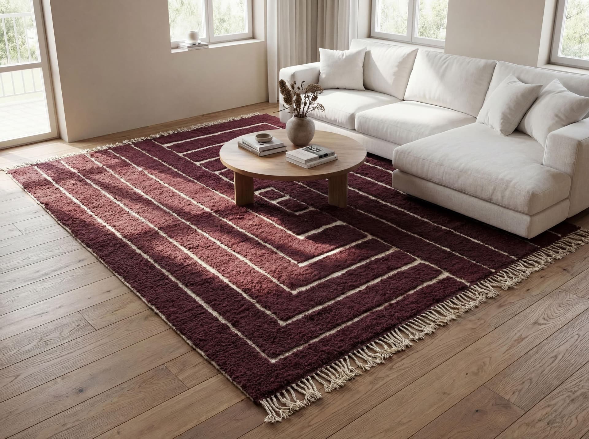 Beni Ourain Wool Rug soft high pile Burgundy with Ivory flat woven pattern