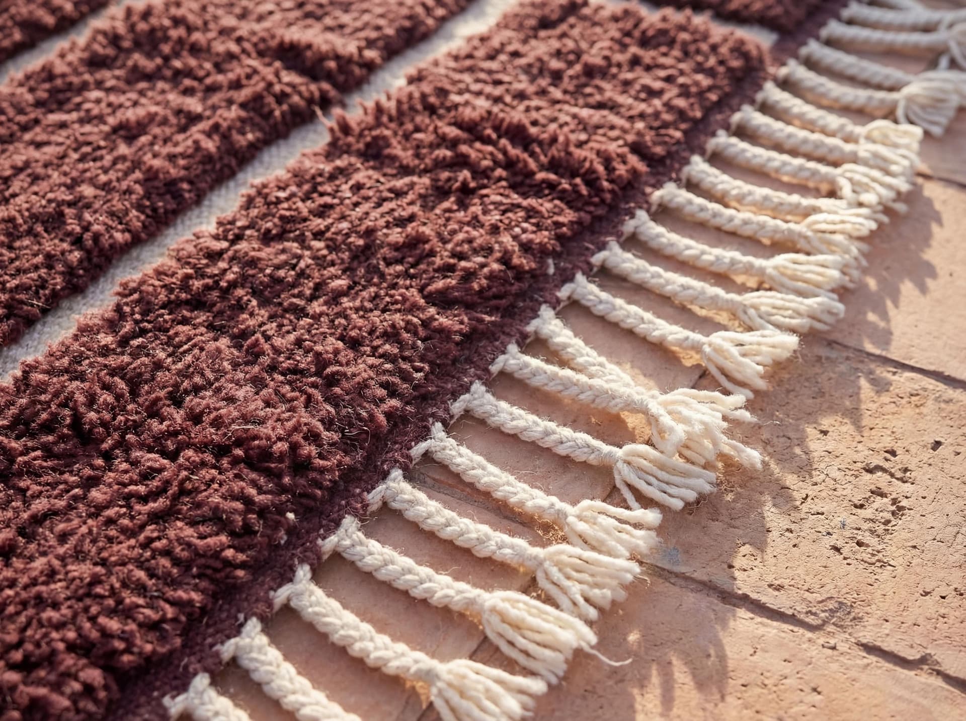 Beni Ourain Wool Rug soft high pile Burgundy with Ivory flat woven pattern