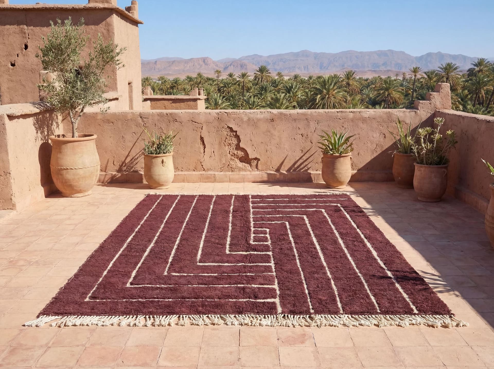 Beni Ourain Wool Rug soft high pile Burgundy with Ivory flat woven pattern