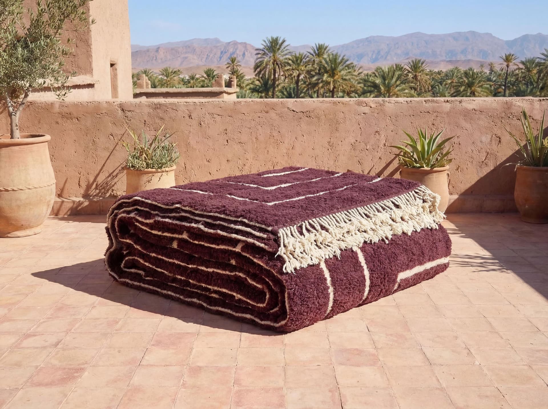 Beni Ourain Wool Rug soft high pile Burgundy with Ivory flat woven pattern