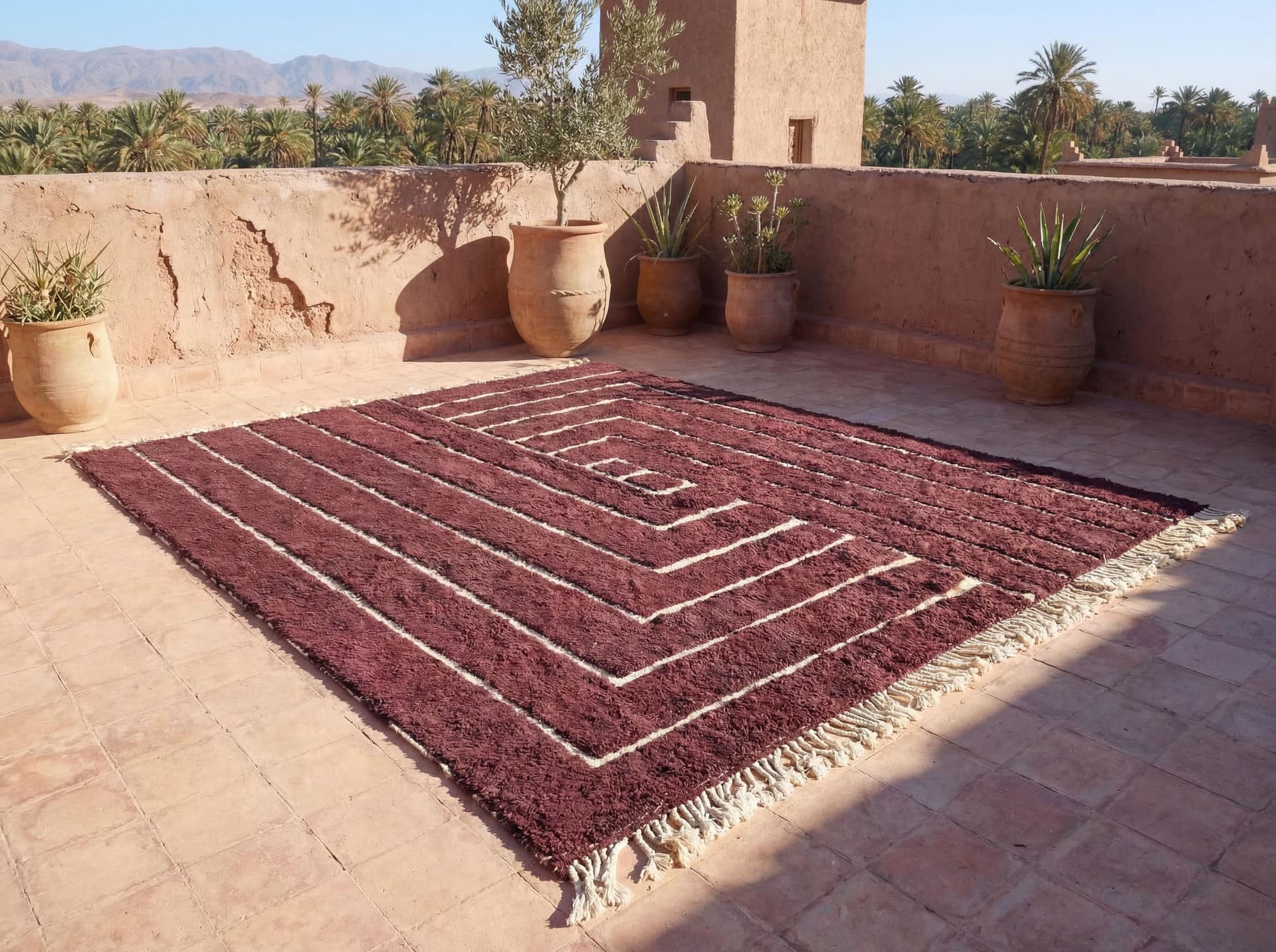 Beni Ourain Wool Rug soft high pile Burgundy with Ivory flat woven pattern