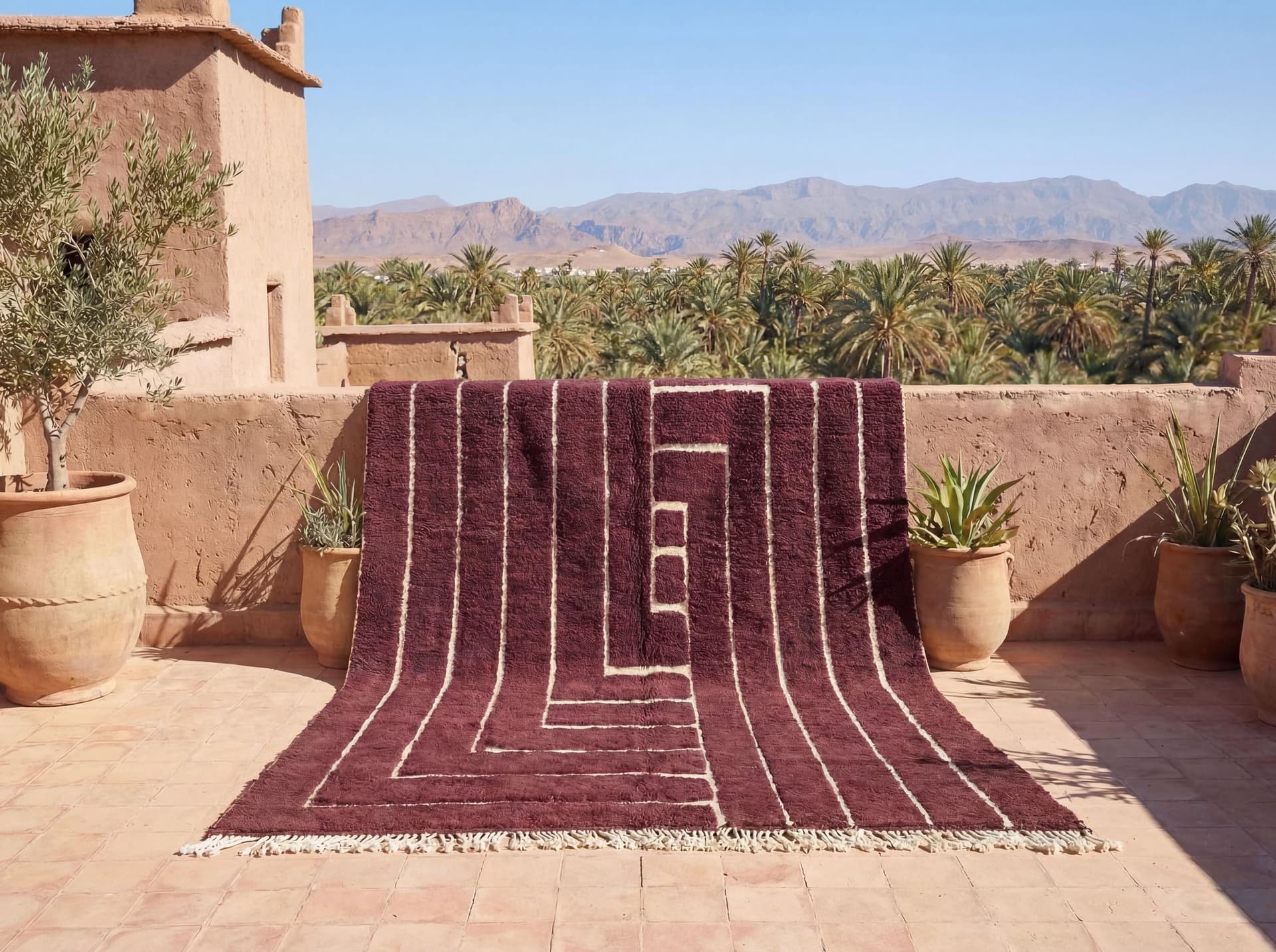 Beni Ourain Wool Rug soft high pile Burgundy with Ivory flat woven pattern