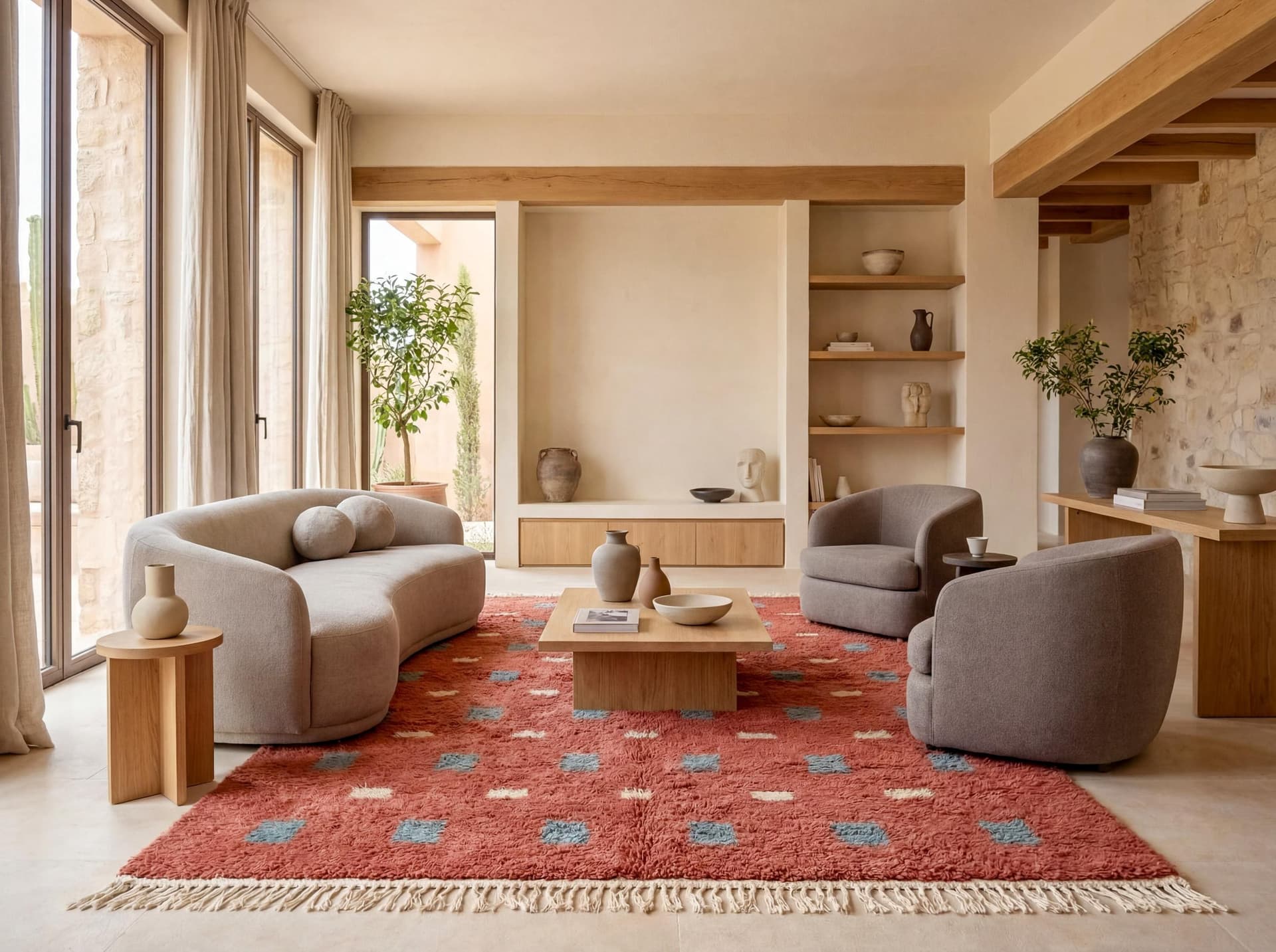 Red Blue Grid Rug