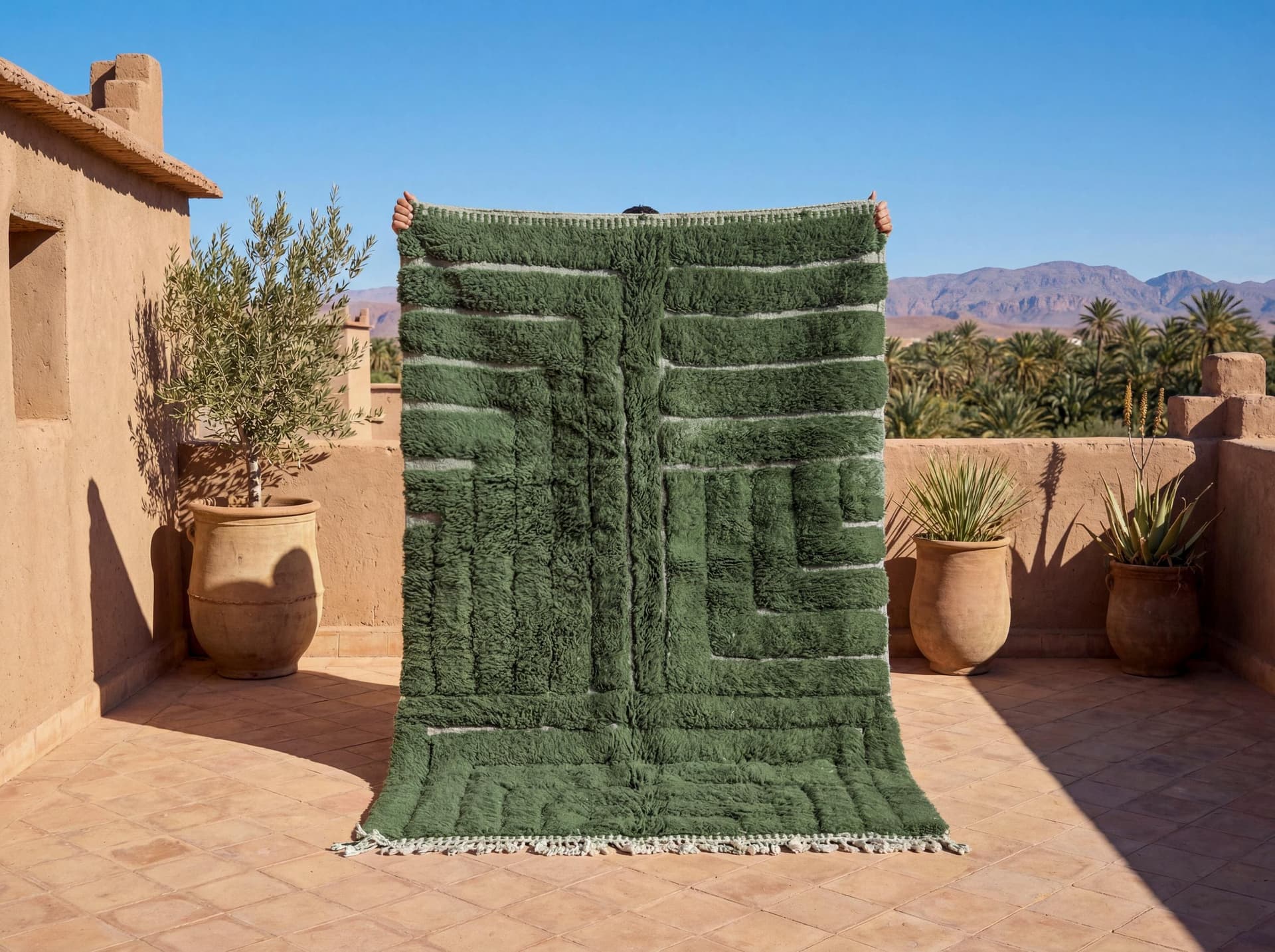 Green Geometric Beni Mrirt Rug