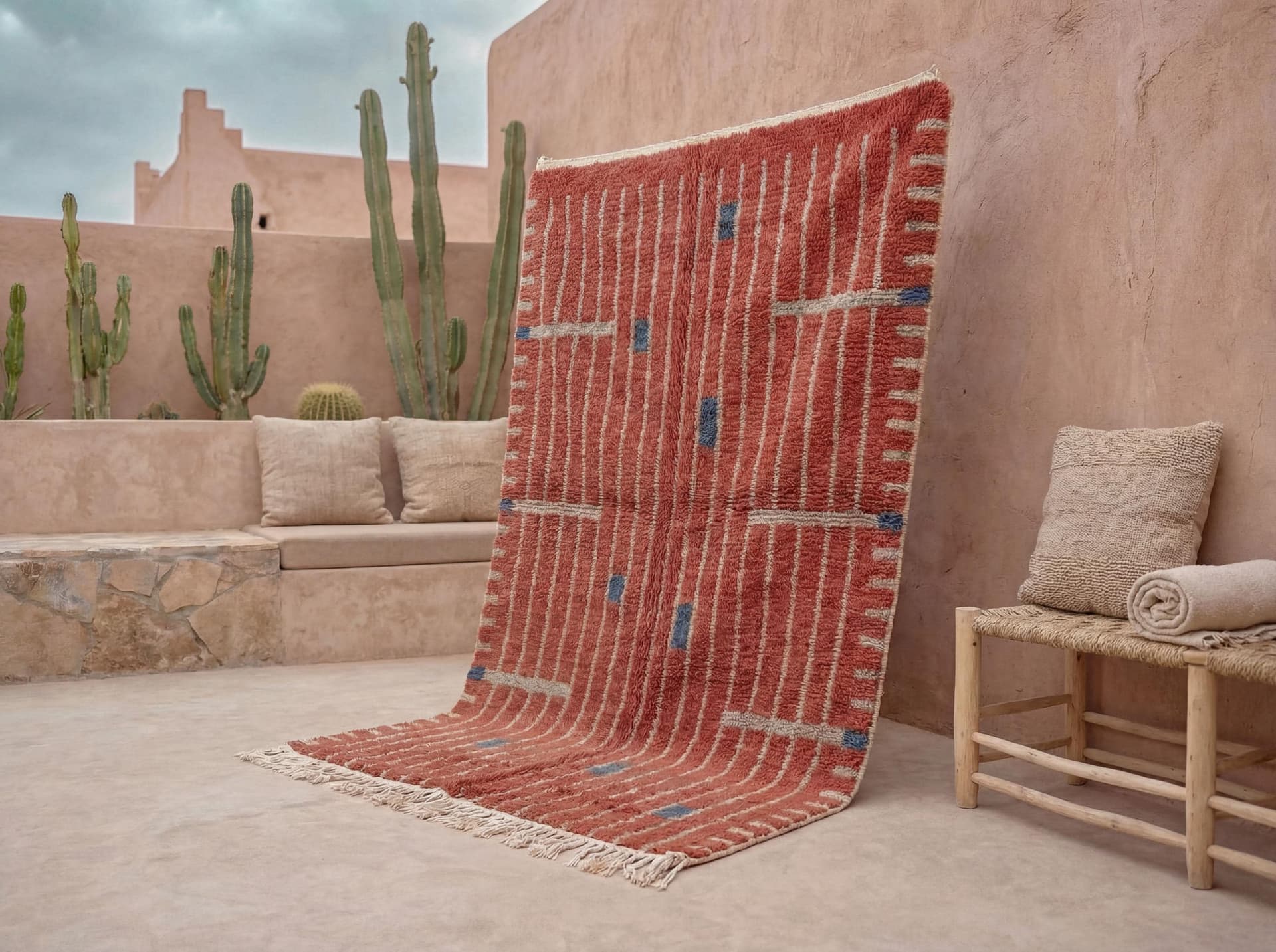 Terracotta Moroccan Rug – Handmade Wool Berber Shag Rug with Ivory Lines & Blue Accents