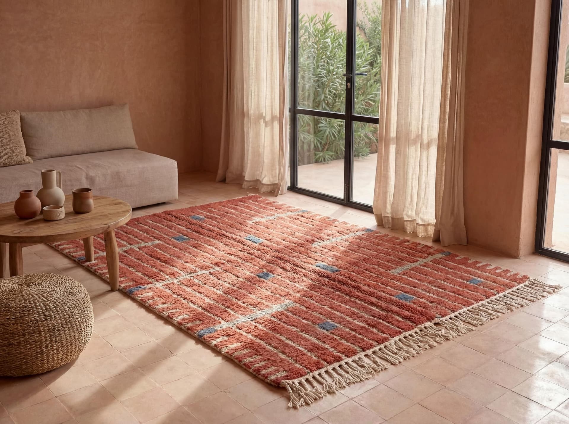 Terracotta Moroccan Rug – Handmade Wool Berber Shag Rug with Ivory Lines & Blue Accents