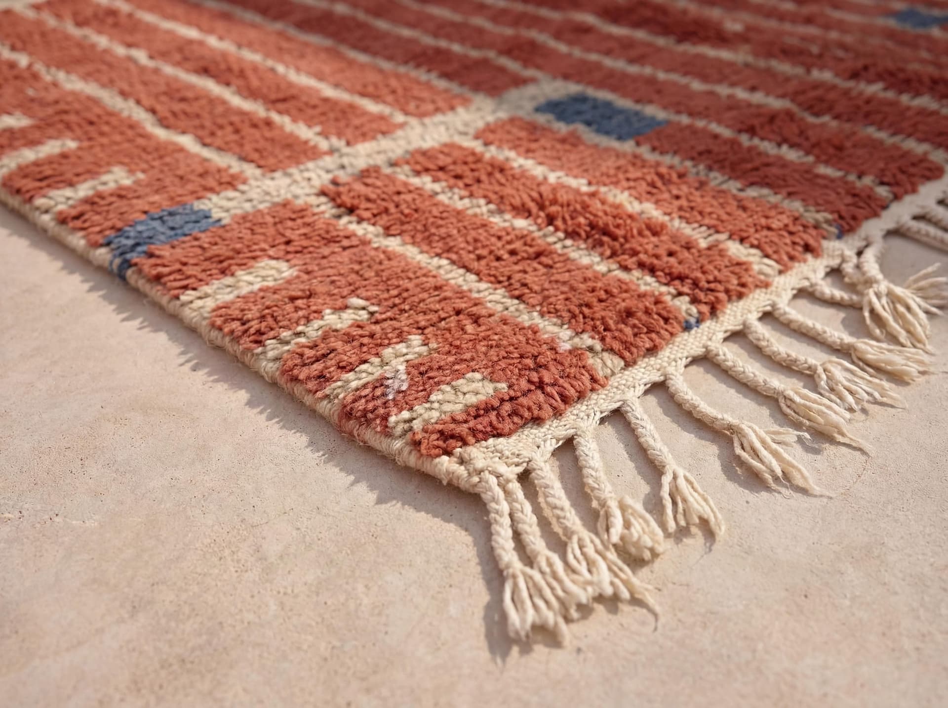 Terracotta Moroccan Rug – Handmade Wool Berber Shag Rug with Ivory Lines & Blue Accents