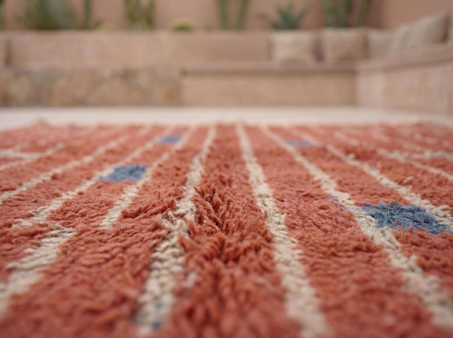Terracotta Moroccan Rug – Handmade Wool Berber Shag Rug with Ivory Lines & Blue Accents