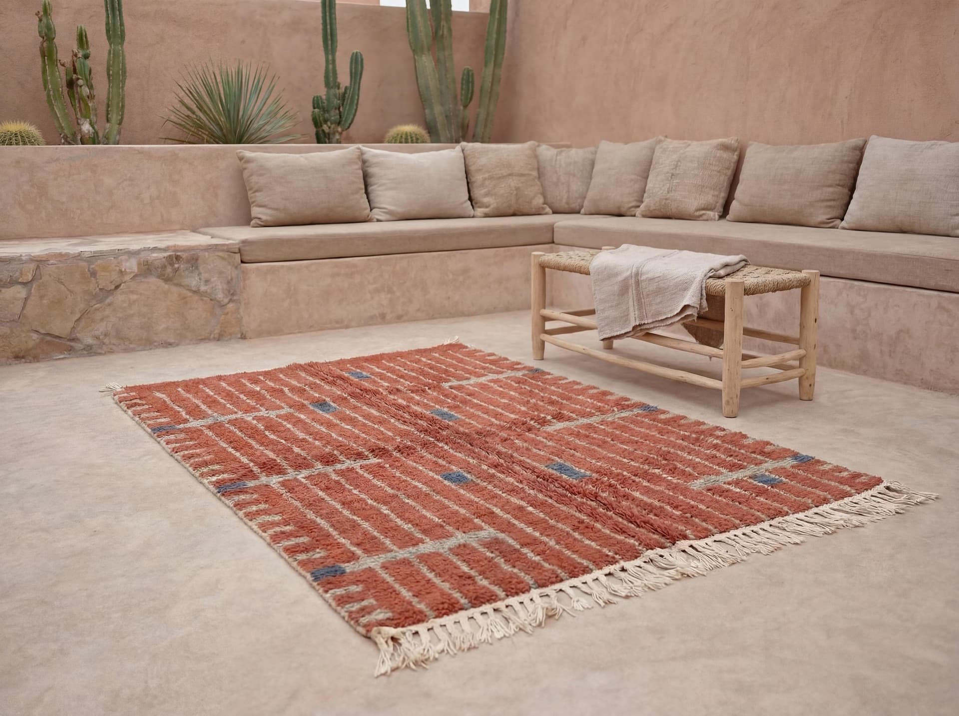 Terracotta Moroccan Rug – Handmade Wool Berber Shag Rug with Ivory Lines & Blue Accents