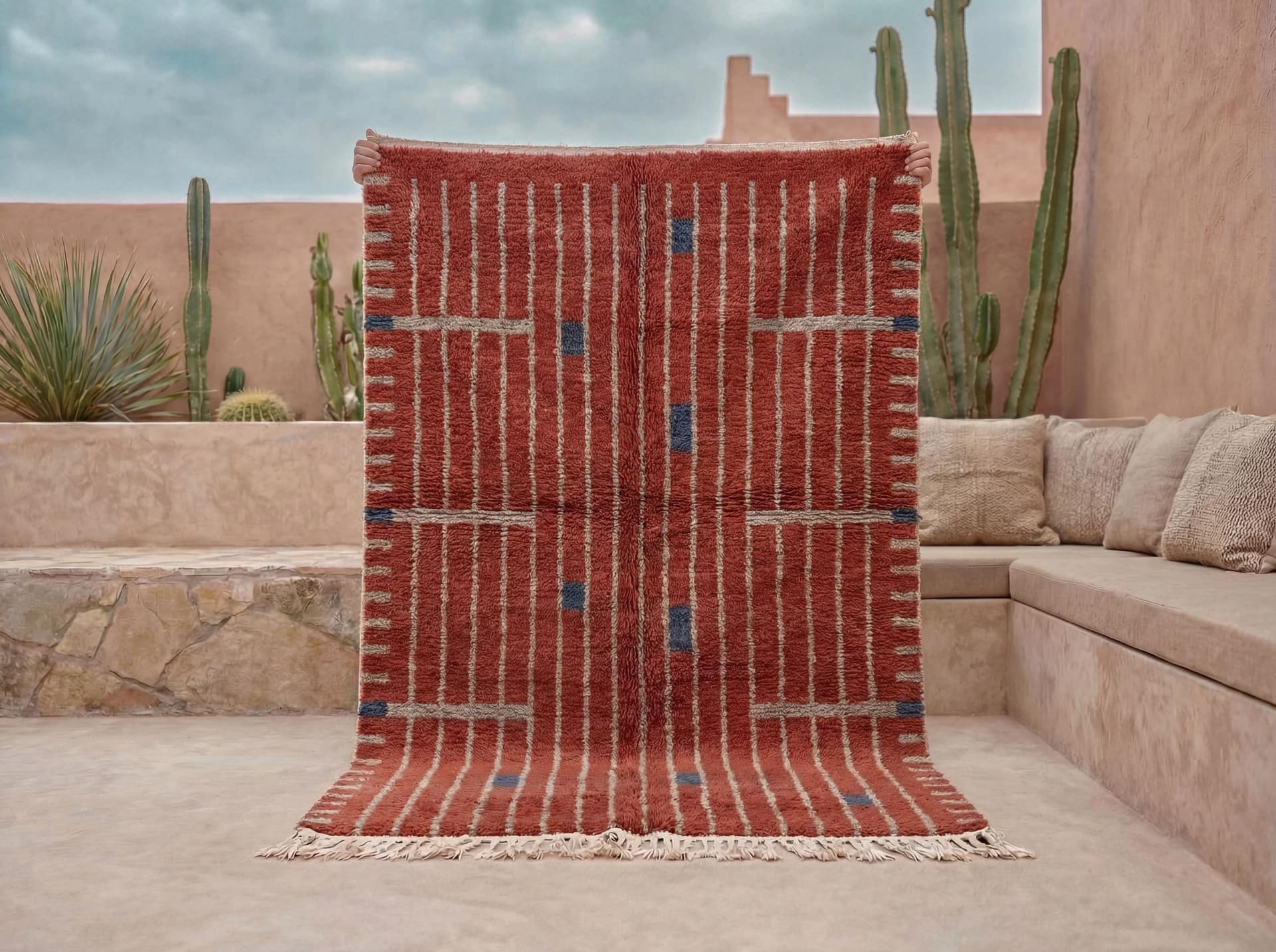 Terracotta Moroccan Rug – Handmade Wool Berber Shag Rug with Ivory Lines & Blue Accents