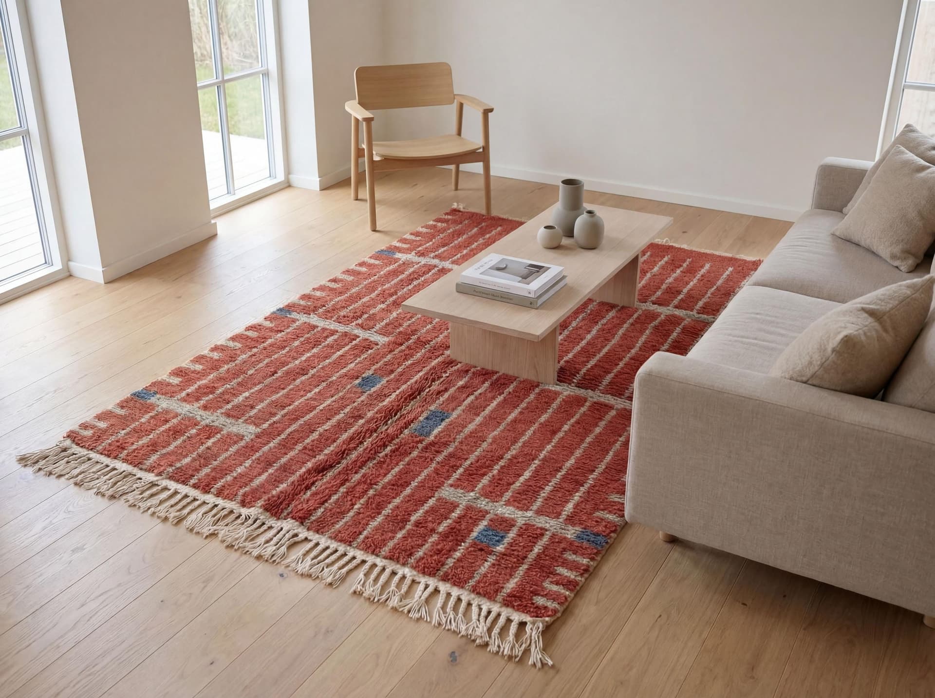 Terracotta Moroccan Rug – Handmade Wool Berber Shag Rug with Ivory Lines & Blue Accents