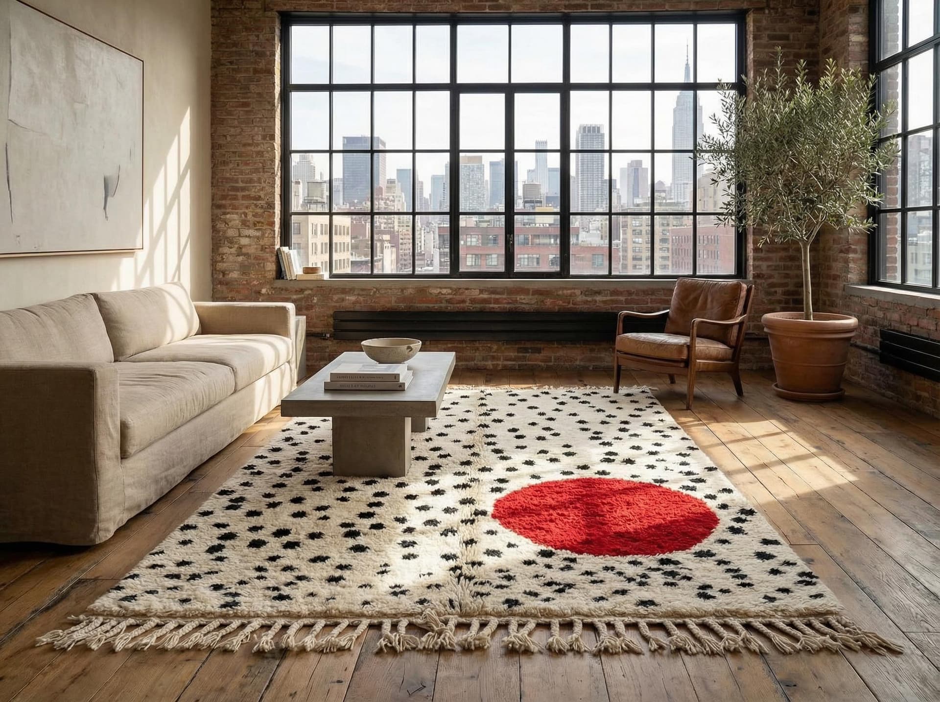 Ivory Red Circle Beni Ourain Rug