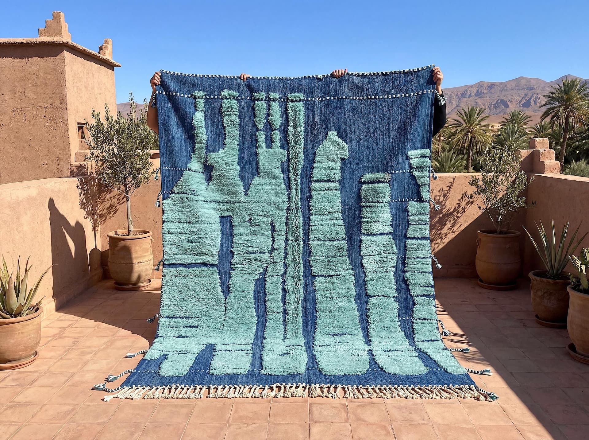 Blue Textured Bohemian Rug – Handmade Custom Moroccan Wool Area Rug
