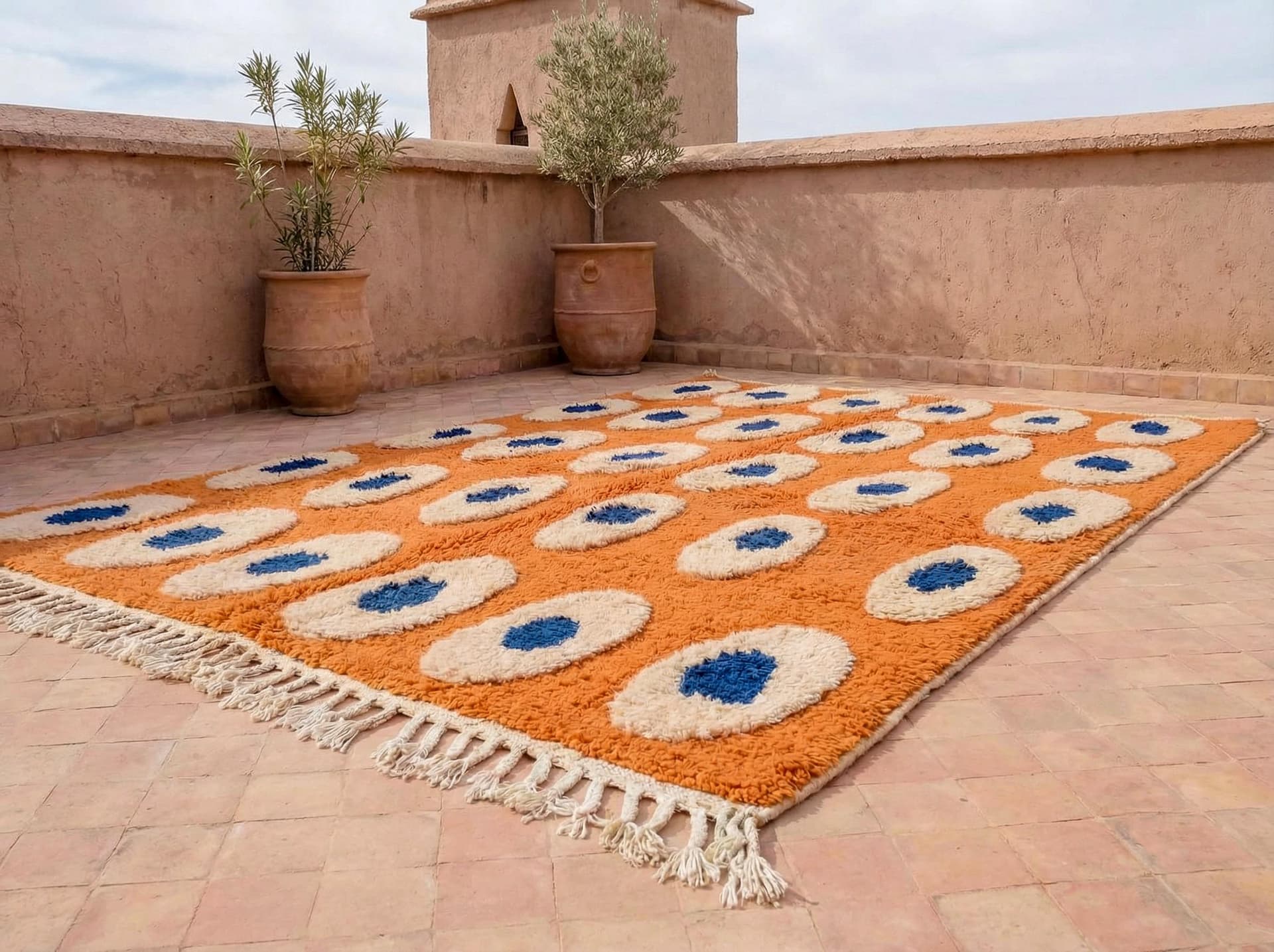 Orange and Blue Rug – Handmade Moroccan Beni Ourain Wool Rug with Abstract Pattern