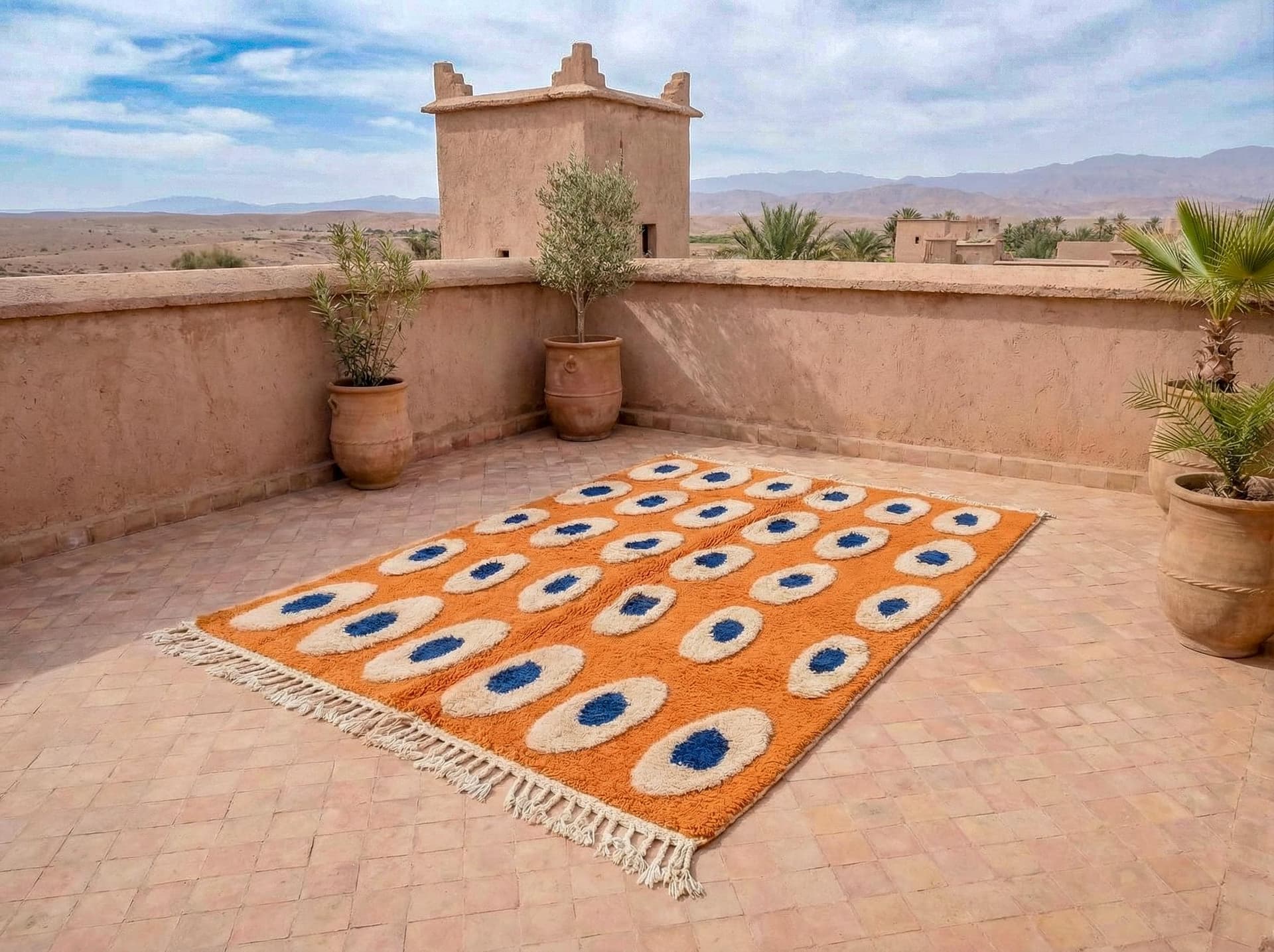 Orange and Blue Rug – Handmade Moroccan Beni Ourain Wool Rug with Abstract Pattern