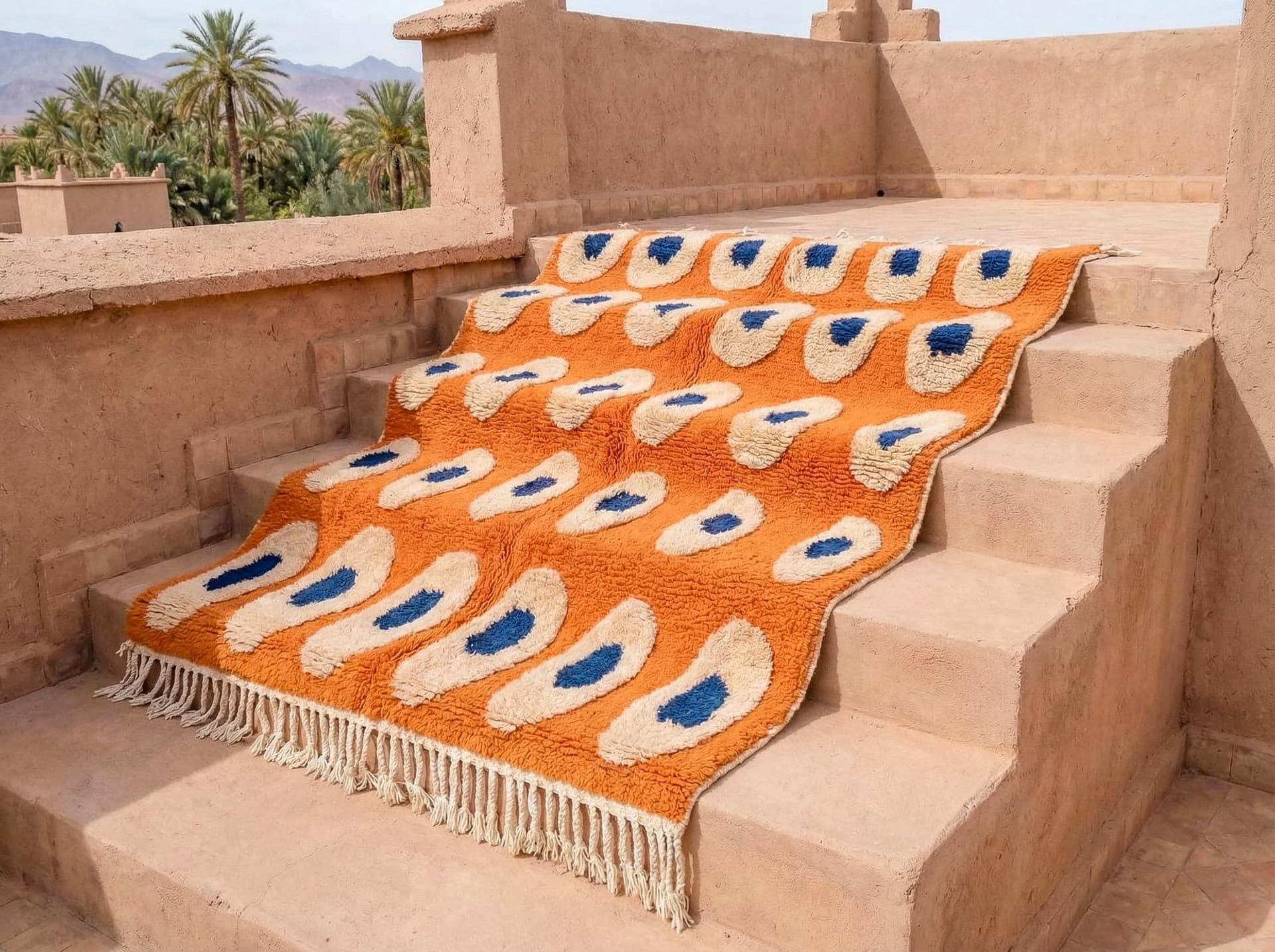 Orange and Blue Rug – Handmade Moroccan Beni Ourain Wool Rug with Abstract Pattern