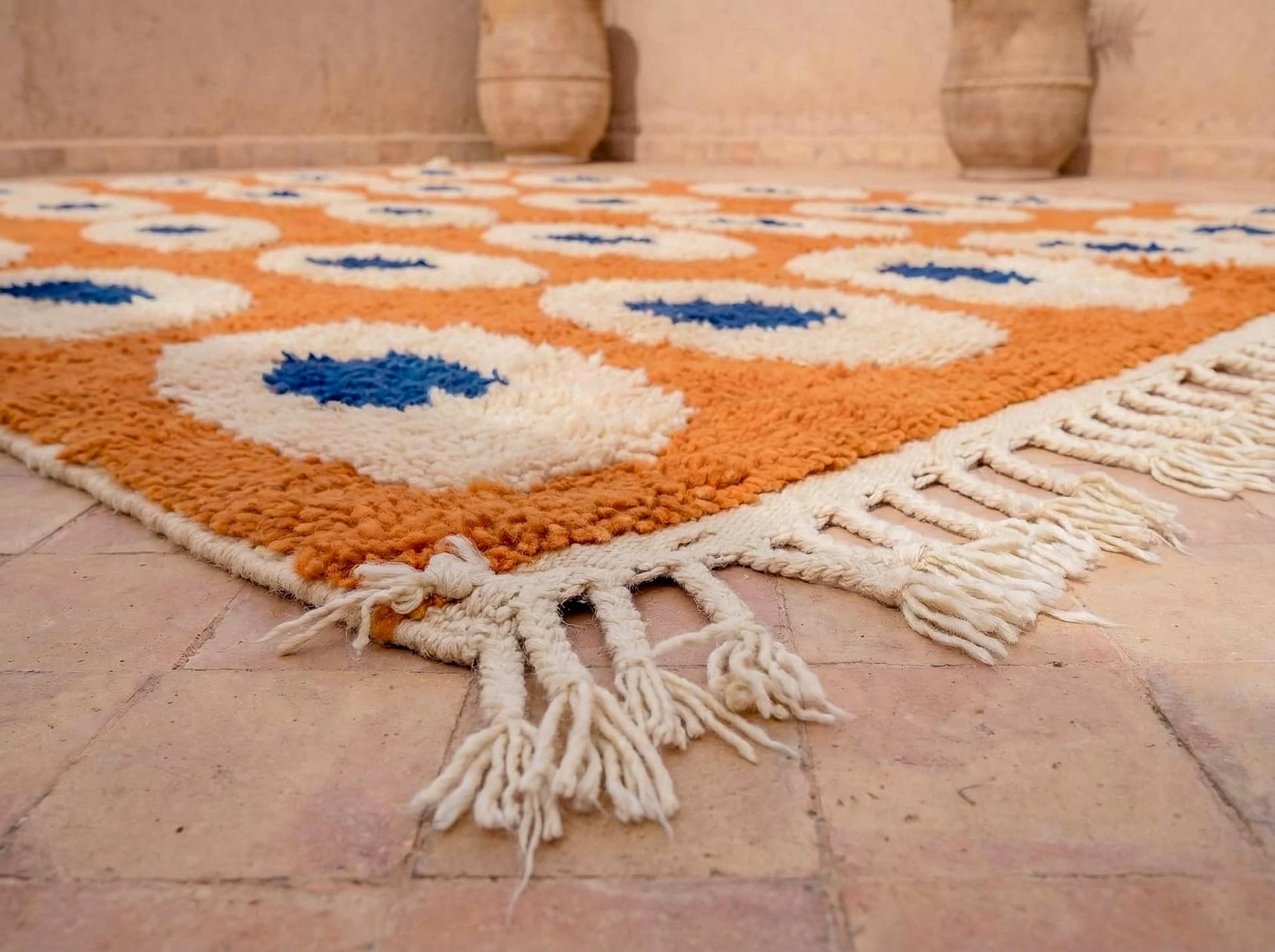 Orange and Blue Rug – Handmade Moroccan Beni Ourain Wool Rug with Abstract Pattern