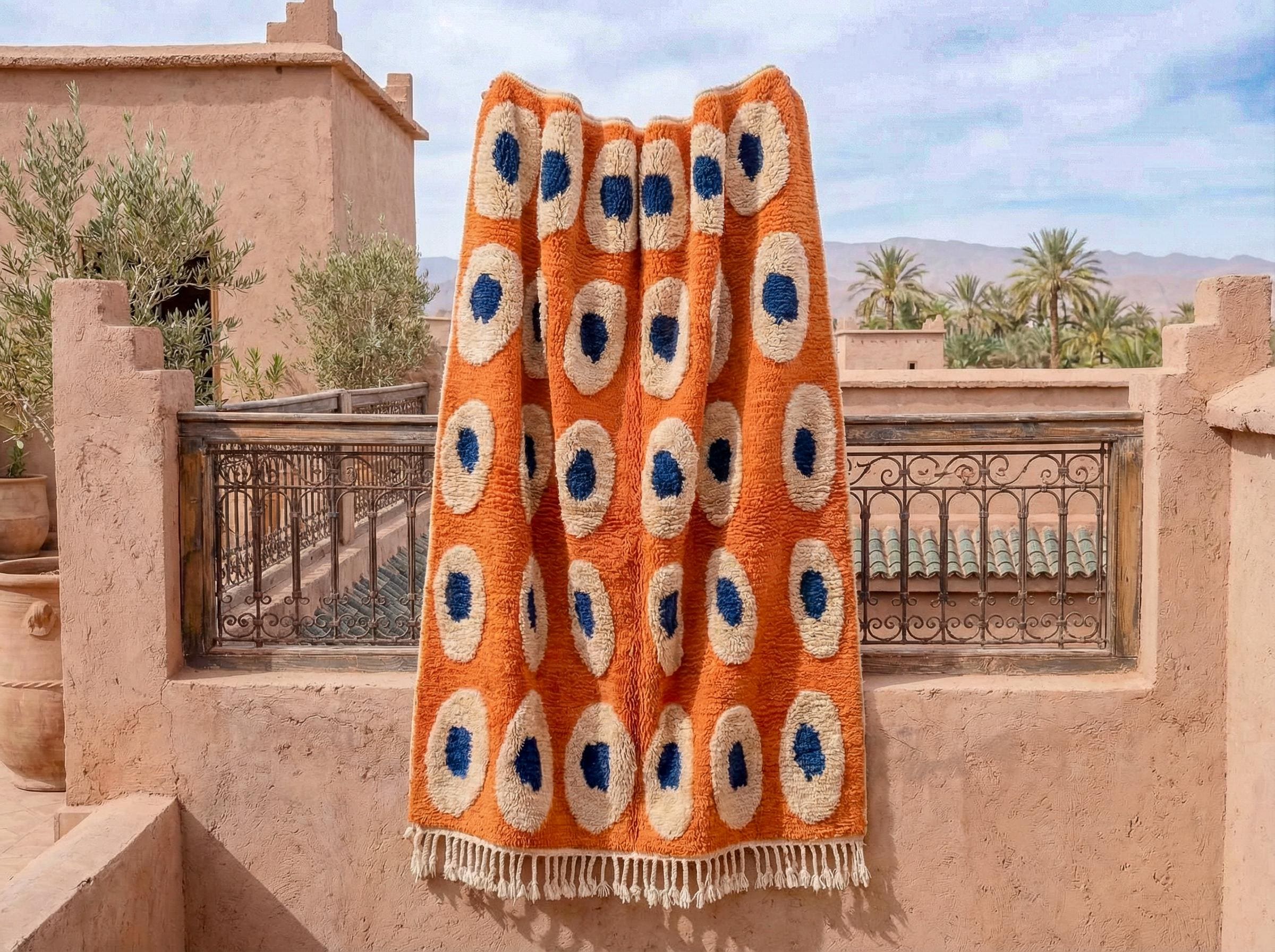 Orange and Blue Rug – Handmade Moroccan Beni Ourain Wool Rug with Abstract Pattern