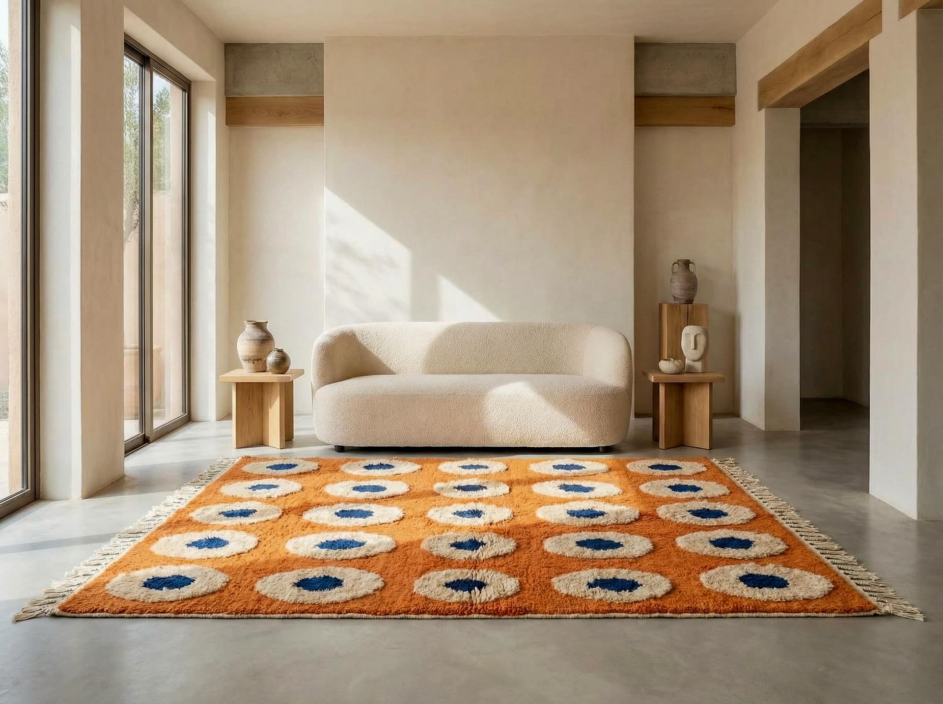Orange and Blue Rug – Handmade Moroccan Beni Ourain Wool Rug with Abstract Pattern