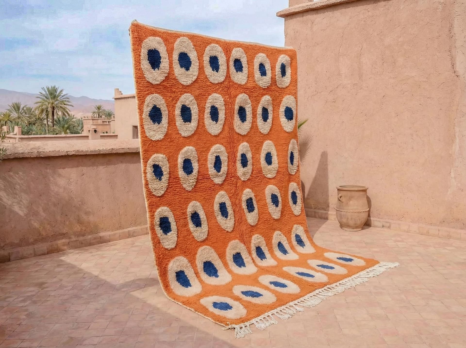Orange and Blue Rug – Handmade Moroccan Beni Ourain Wool Rug with Abstract Pattern
