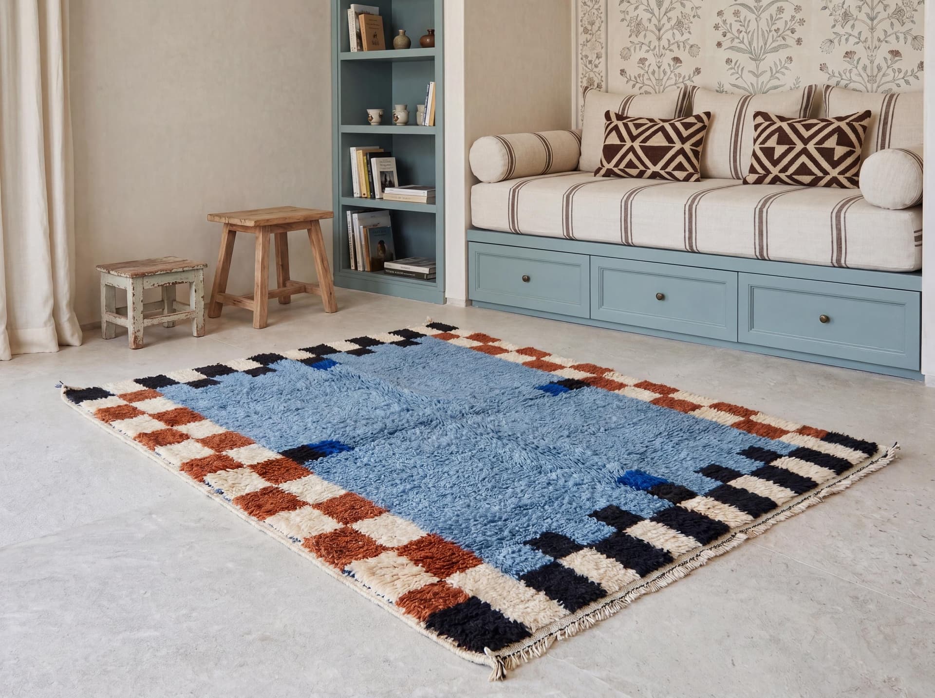 Blue Checkered Border Rug