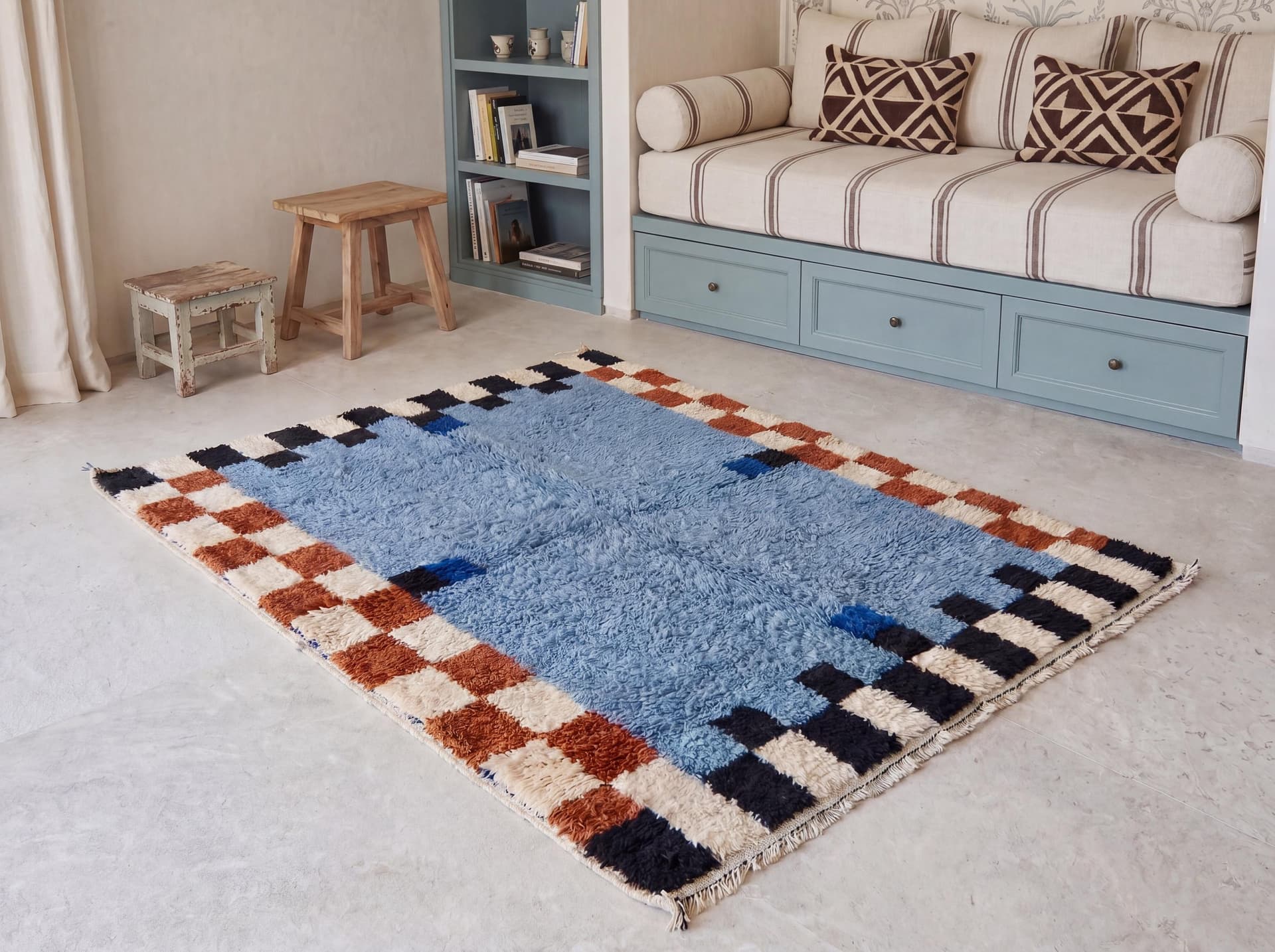 Blue Checkered Border Rug