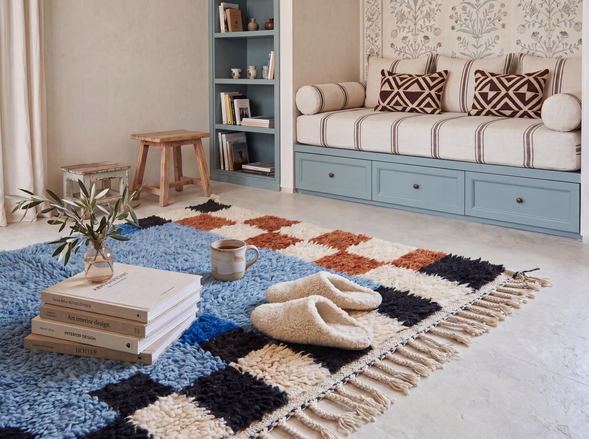 Blue Checkered Border Rug