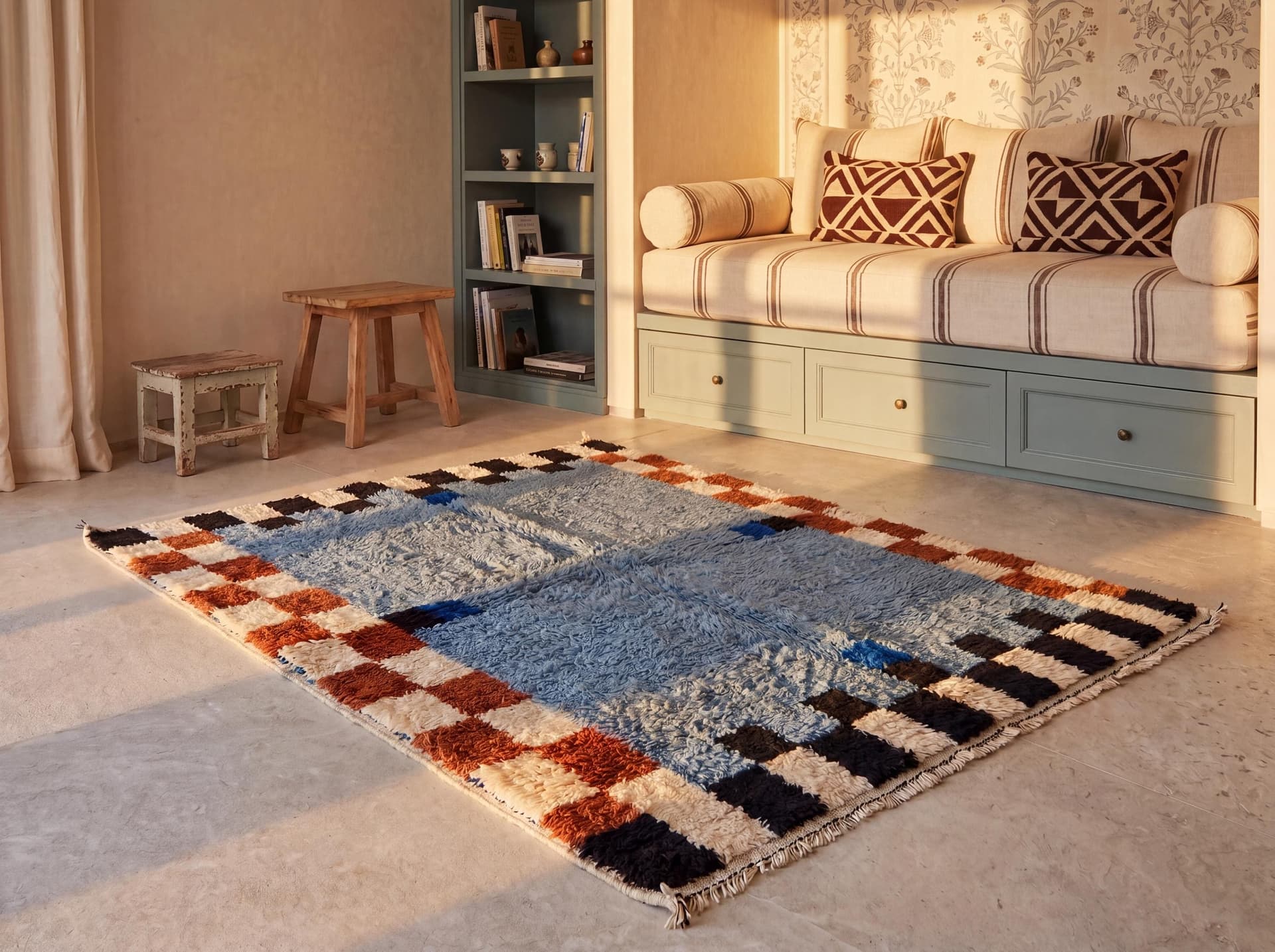 Blue Checkered Border Rug