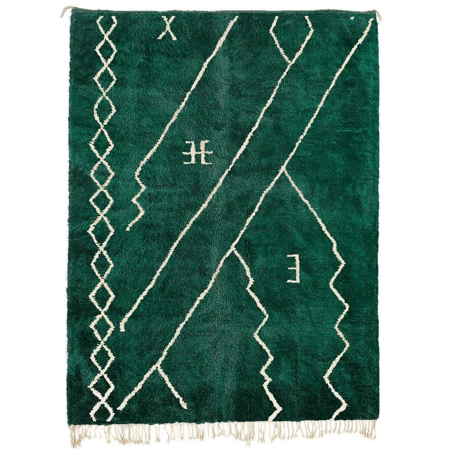 Moroccan Rug Mrirt 8x10 Wool Emerald Green Ivory Minimalist Boho Living Room