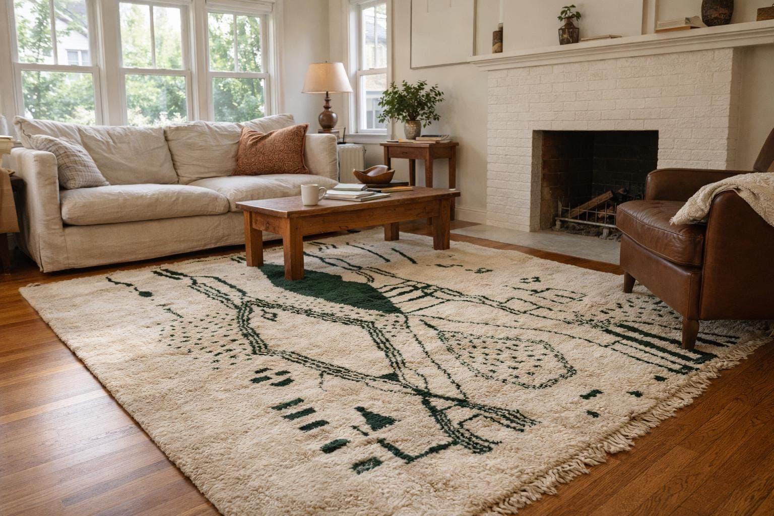Ivory Green Diamond Beni Ourain Rug