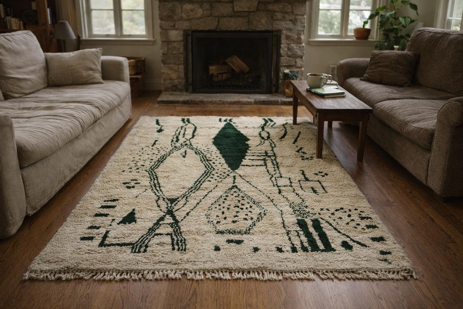 Ivory Green Diamond Beni Ourain Rug