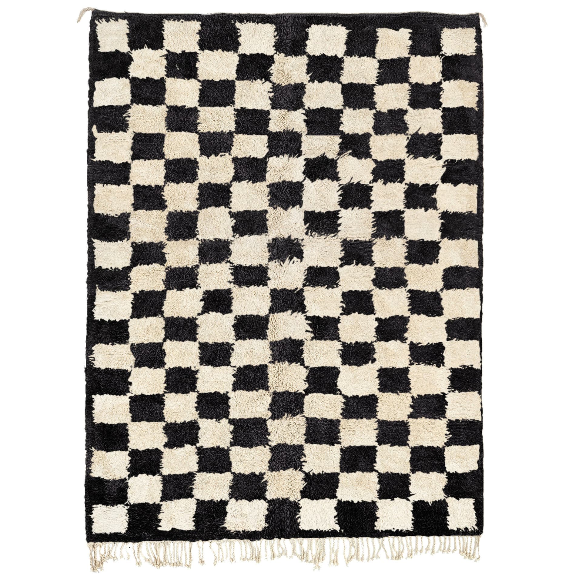 Black Ivory Checkered Fringe Rug