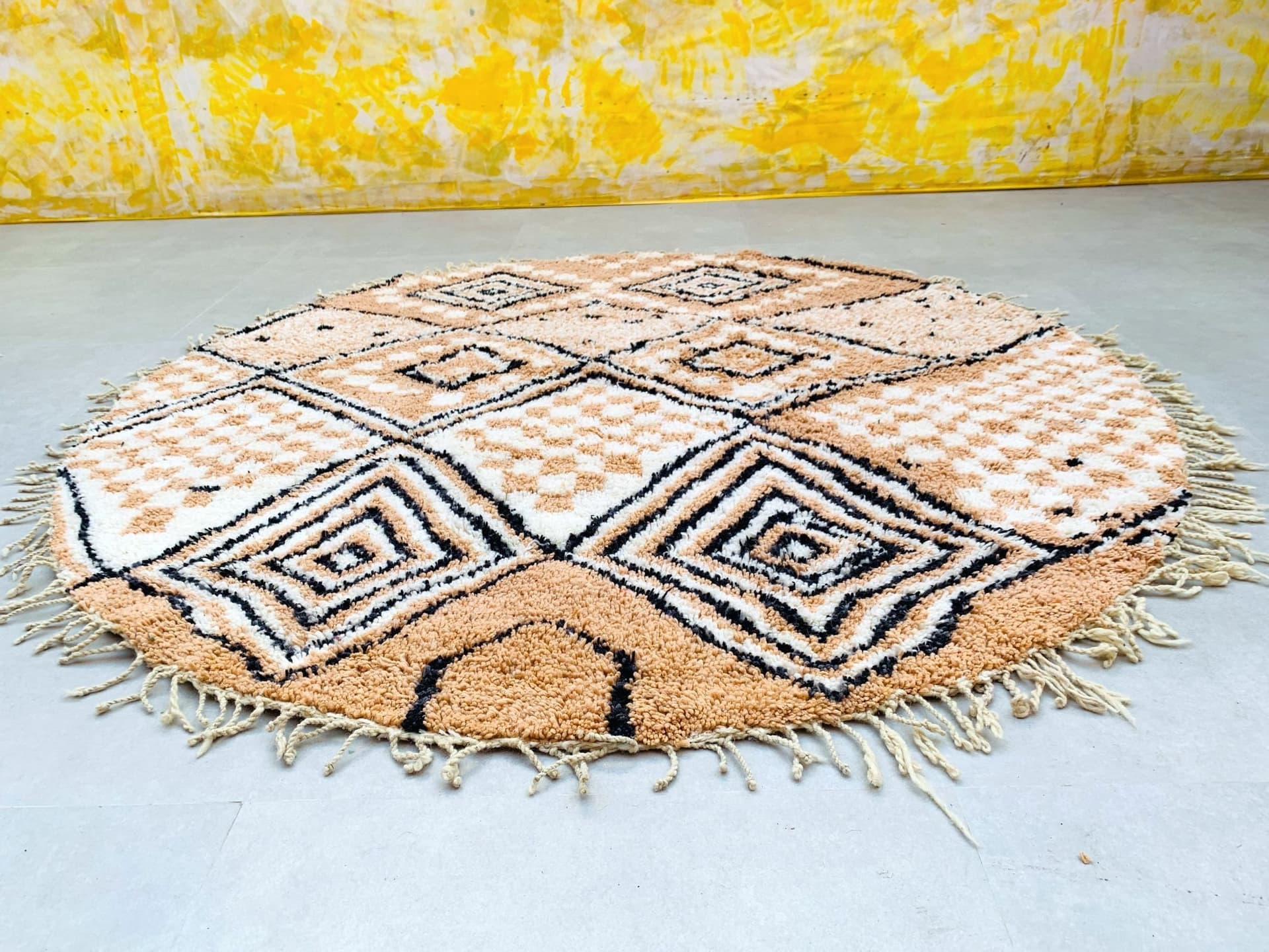 Neutral Geometric Round Beni Ourain Rug