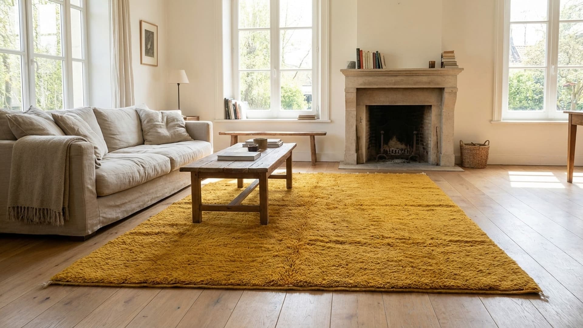 Handmade Mustard Wool Moroccan Rug: Berber Grid Pattern, Beni Mrirt Style