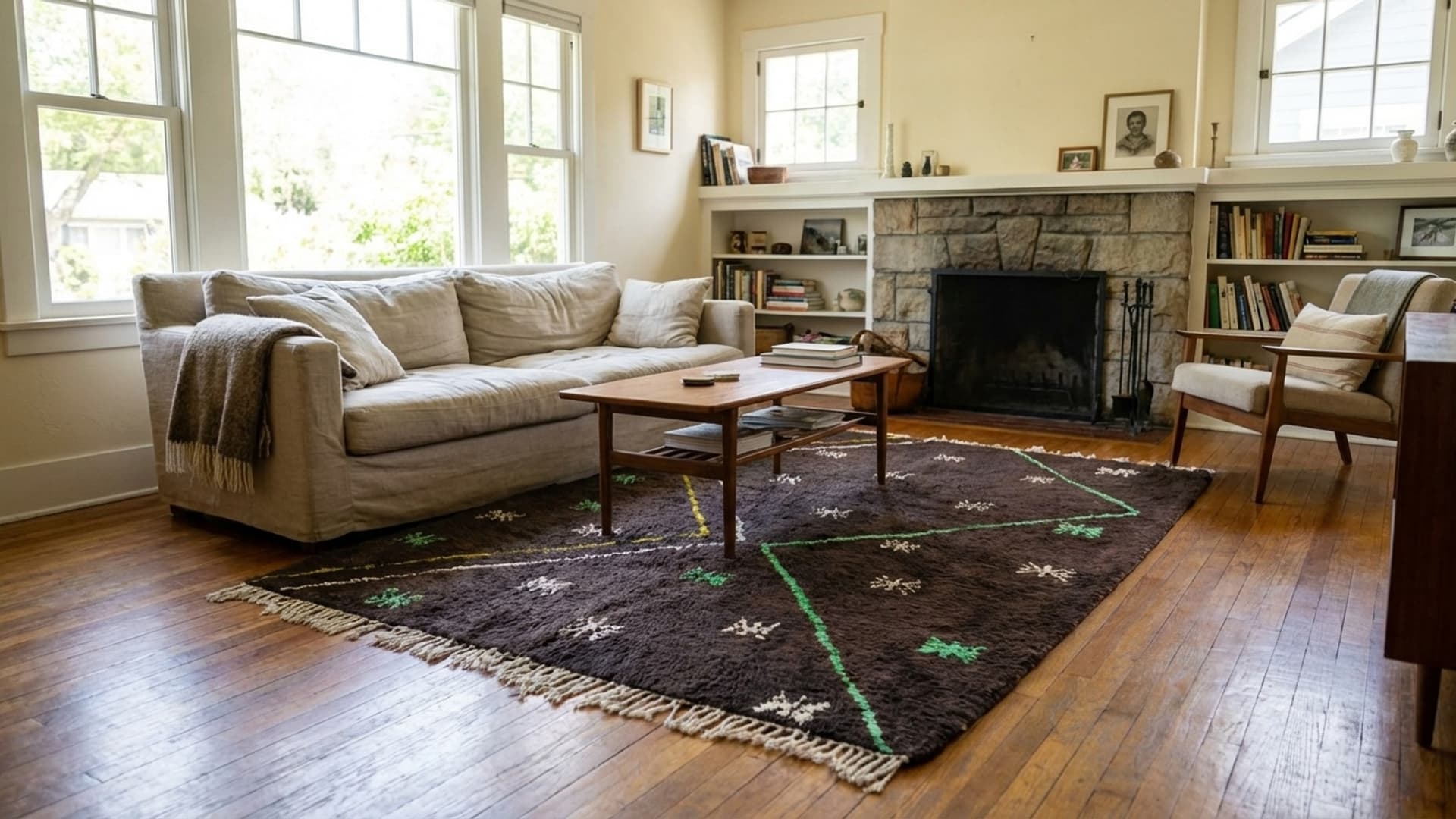 モロッコラグ ミルティ 5x8 ウール ダークブラウン アイボリー グリーン ミニマリスト リビングルーム ベルベル