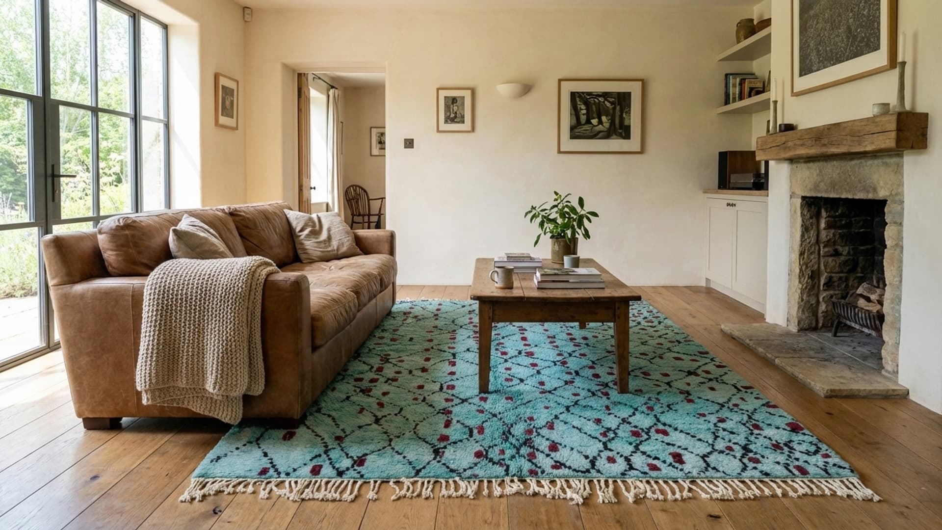 Alfombra Marroquí Mrirt 5x8 Lana Turquesa Negro Burdeos Diamante Minimalista Sala de Estar Berber