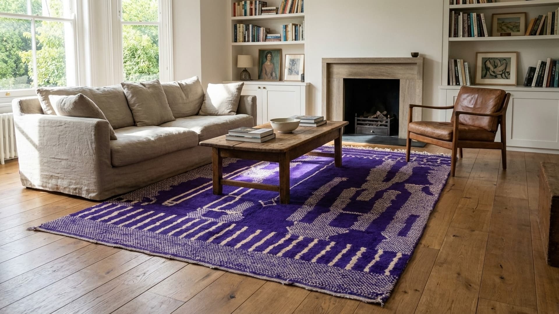 Marokkanischer Teppich Mrirt 4x6 Wolle Lila Elfenbein Minimalistisch Boho Wohnzimmer Berber