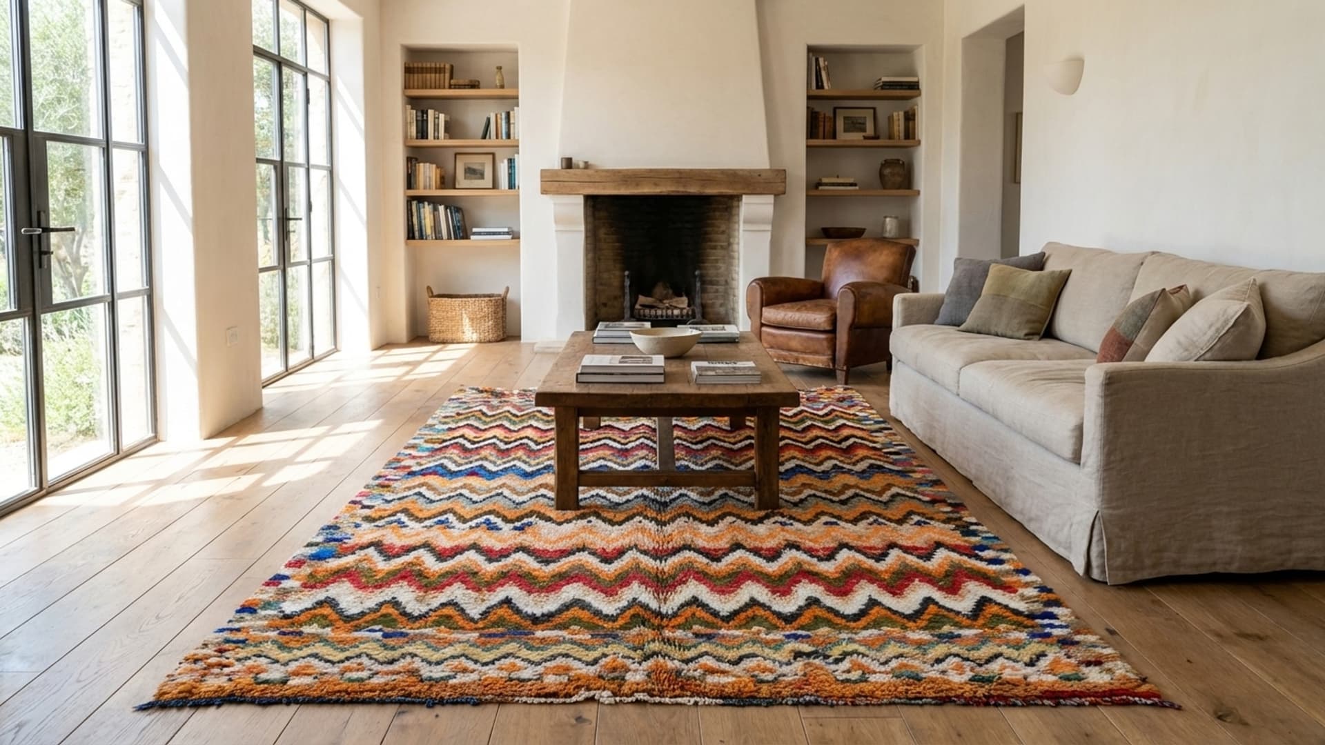 Moroccan Rug Azilal 7x10 Wool Black Ivory Multicolor Boho Living Room